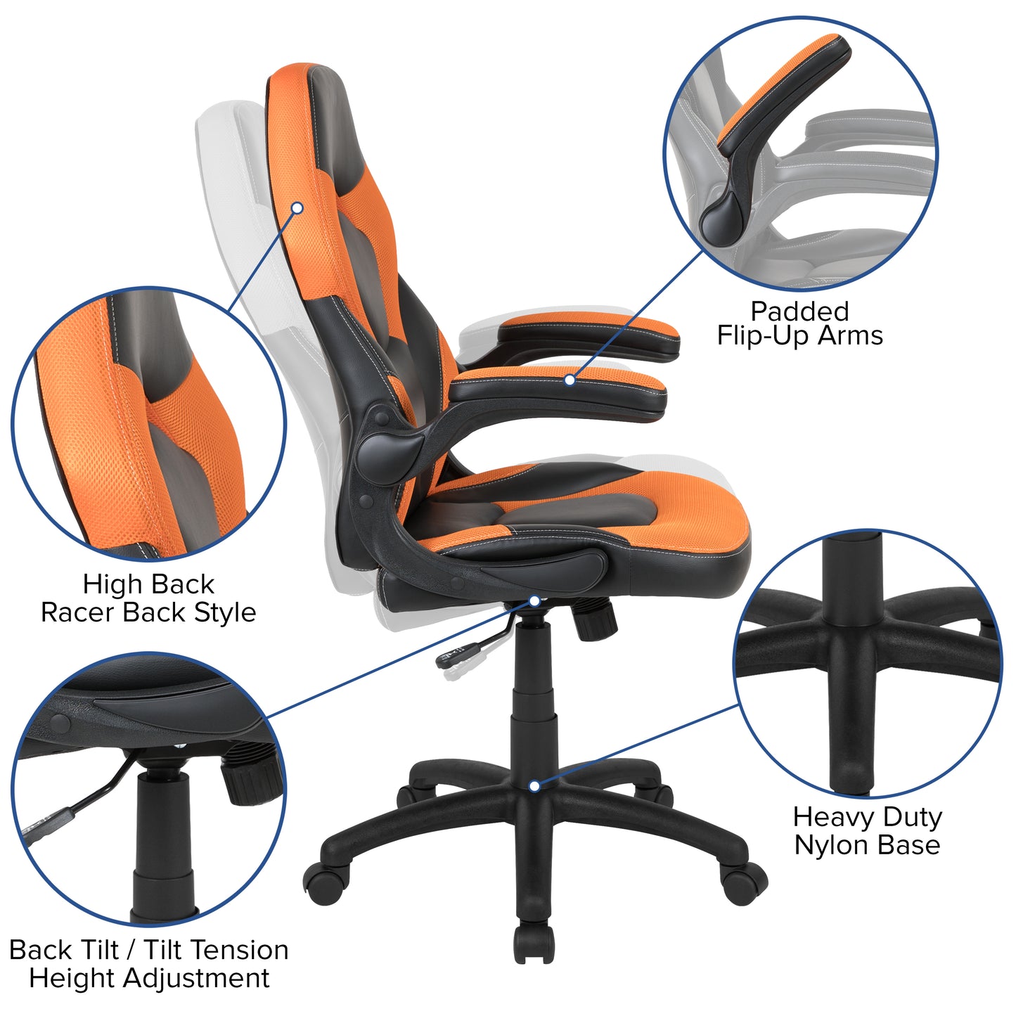 X10 Gaming Chair, Racing Style Ergonomic Office Chair, Height Adjustable Swivel Computer Chair with Flip-Up Arms, Orange/Black LeatherSoft Orange
