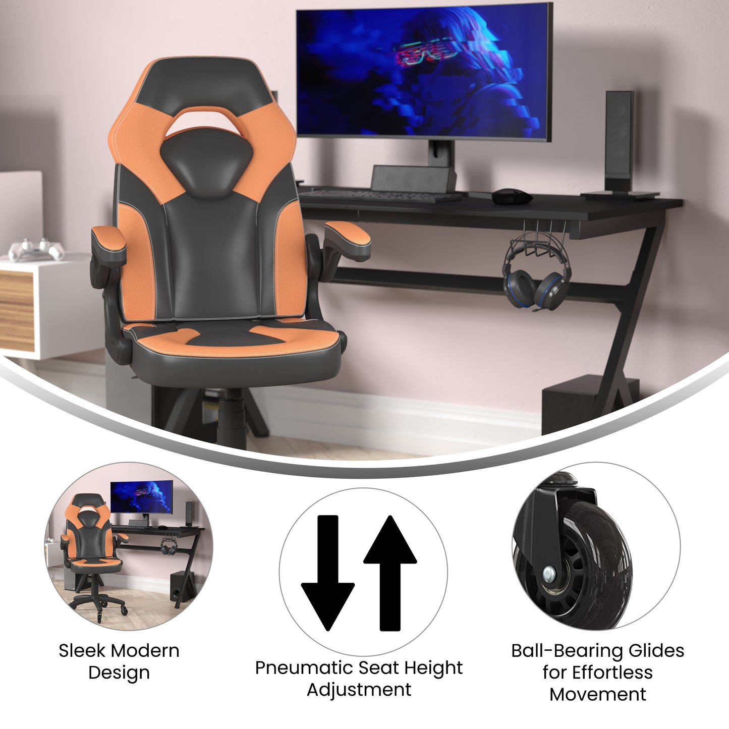 X10 Gaming Chair Racing Office Computer PC Adjustable Chair with Flip-up Arms and Transparent Roller Wheels, Orange/Black LeatherSoft Orange