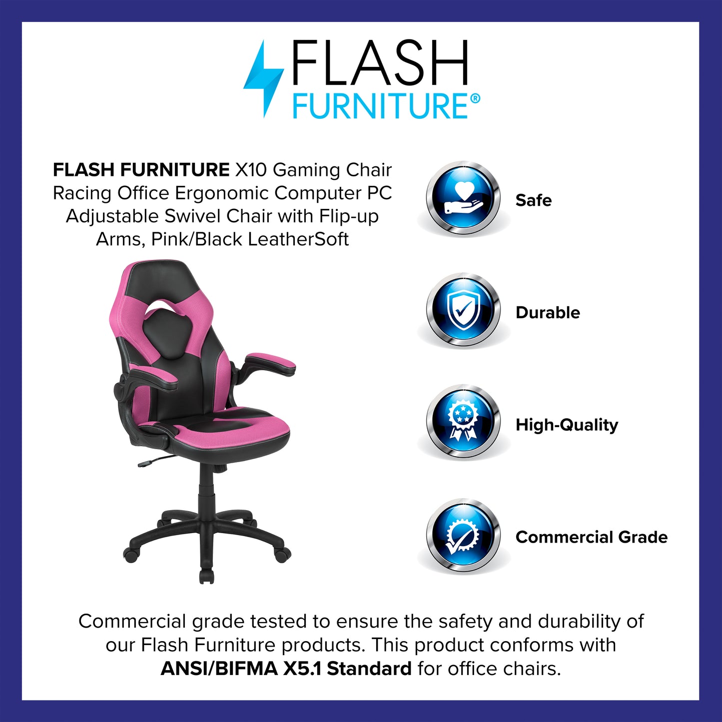 X10 Gaming Chair, Racing Style Ergonomic Office Chair, Height Adjustable Swivel Computer Chair with Flip-Up Arms, Pink/Black LeatherSoft Pink