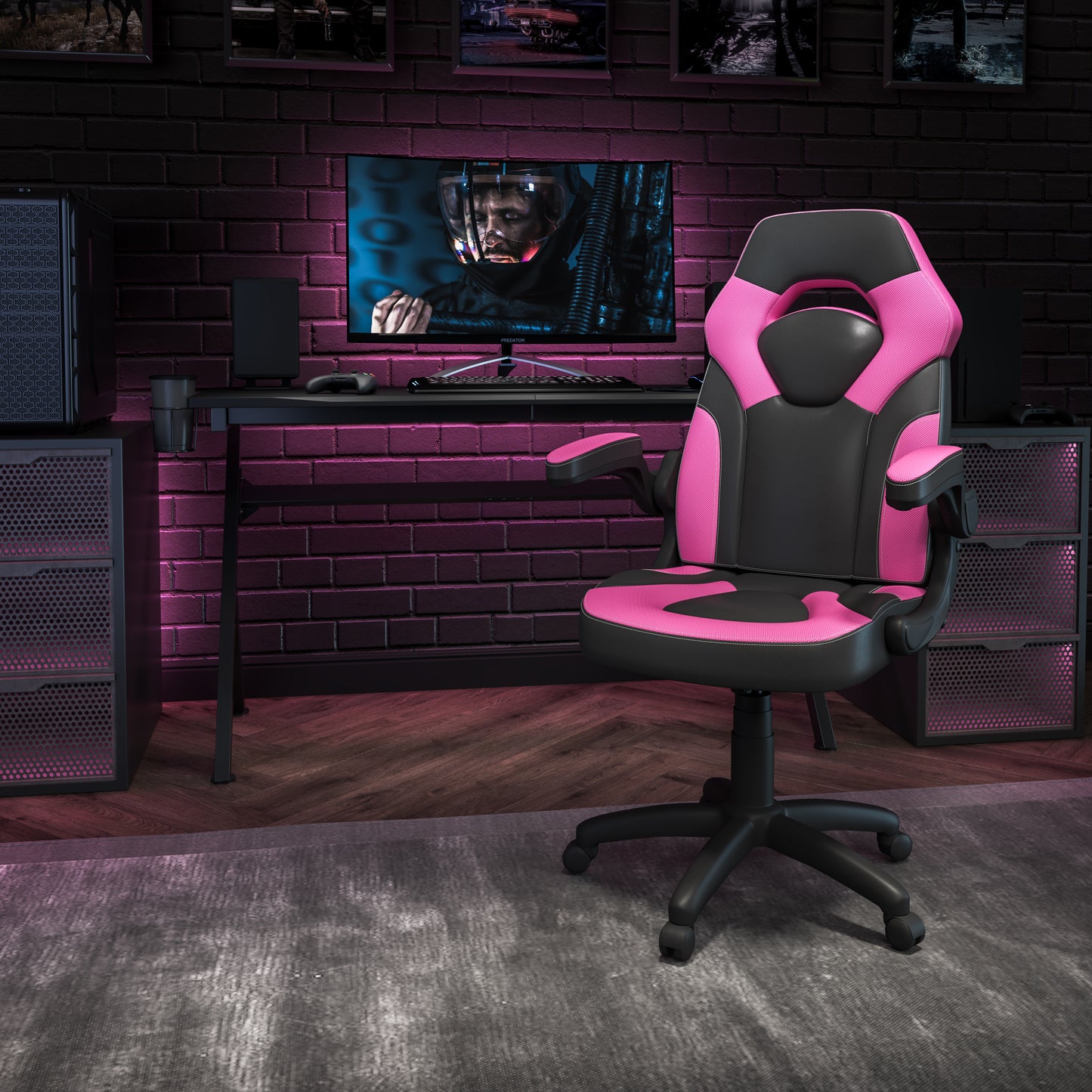 X10 Gaming Chair, Racing Style Ergonomic Office Chair, Height Adjustable Swivel Computer Chair with Flip-Up Arms, Pink/Black LeatherSoft Pink