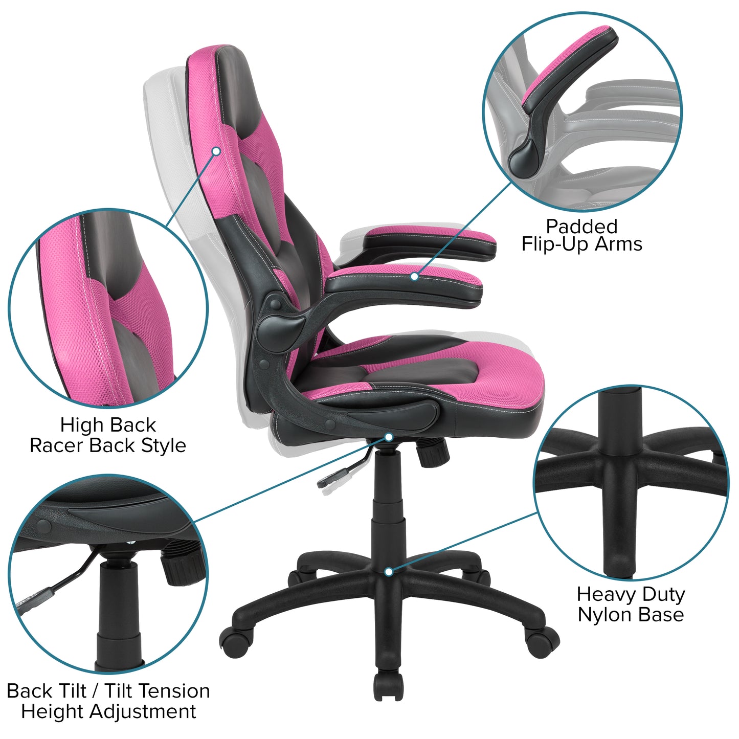 X10 Gaming Chair, Racing Style Ergonomic Office Chair, Height Adjustable Swivel Computer Chair with Flip-Up Arms, Pink/Black LeatherSoft Pink