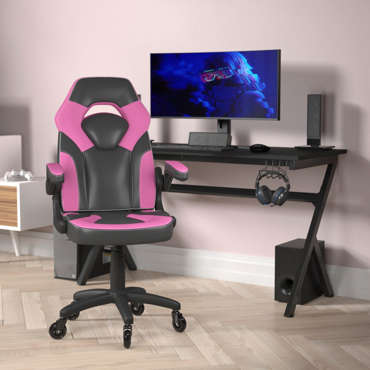 X10 Gaming Chair Racing Office Computer PC Adjustable Chair with Flip-up Arms and Transparent Roller Wheels, Pink/Black LeatherSoft Pink