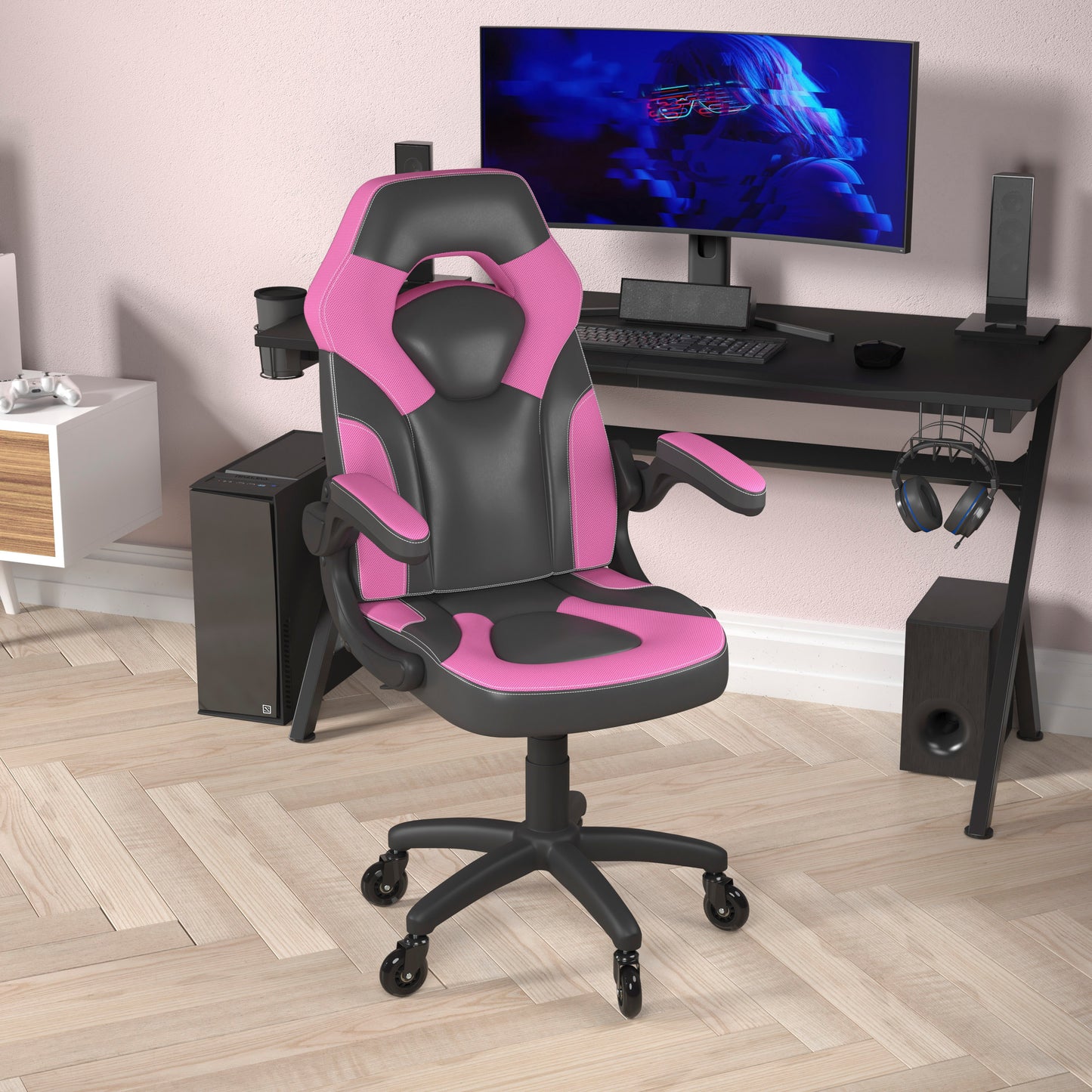 X10 Gaming Chair Racing Office Computer PC Adjustable Chair with Flip-up Arms and Transparent Roller Wheels, Pink/Black LeatherSoft Pink