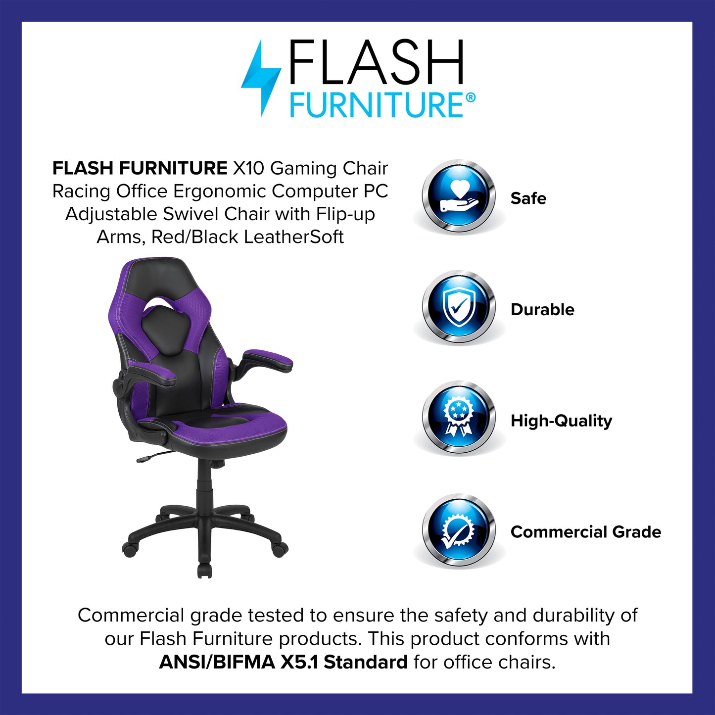 X10 Gaming Chair, Racing Style Ergonomic Office Chair, Height Adjustable Swivel Computer Chair with Flip-Up Arms, Purple/Black LeatherSoft Purple CH-00095-PR-GG