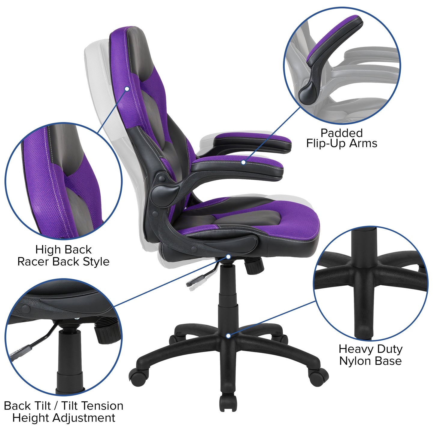 X10 Gaming Chair, Racing Style Ergonomic Office Chair, Height Adjustable Swivel Computer Chair with Flip-Up Arms, Purple/Black LeatherSoft Purple CH-00095-PR-GG