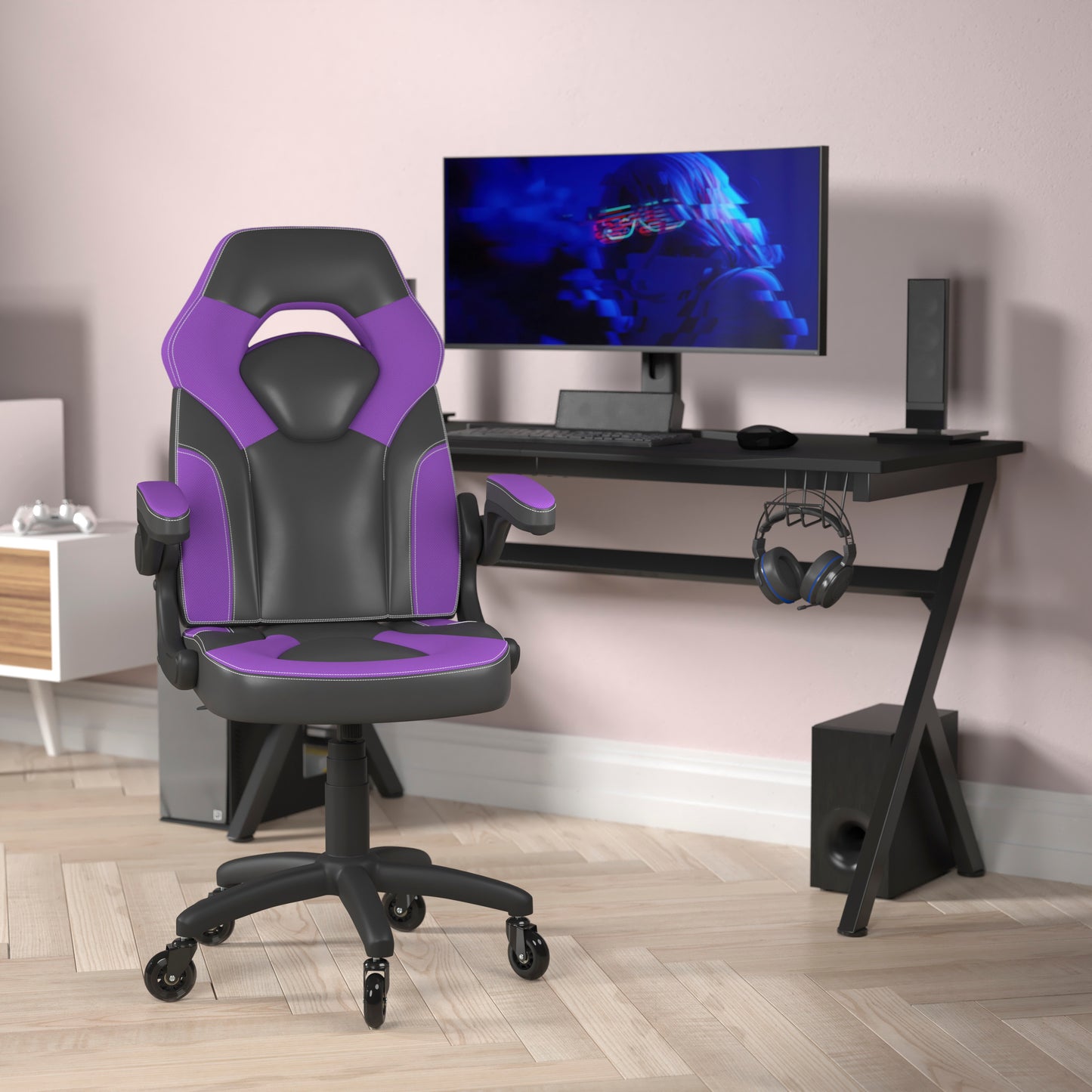 X10 Gaming Chair Racing Office Computer PC Adjustable Chair with Flip-up Arms and Transparent Roller Wheels, Purple/Black LeatherSoft Purple