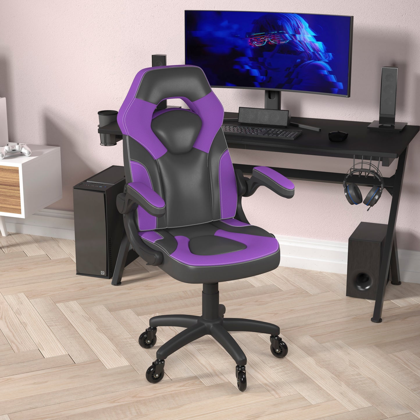 X10 Gaming Chair Racing Office Computer PC Adjustable Chair with Flip-up Arms and Transparent Roller Wheels, Purple/Black LeatherSoft Purple