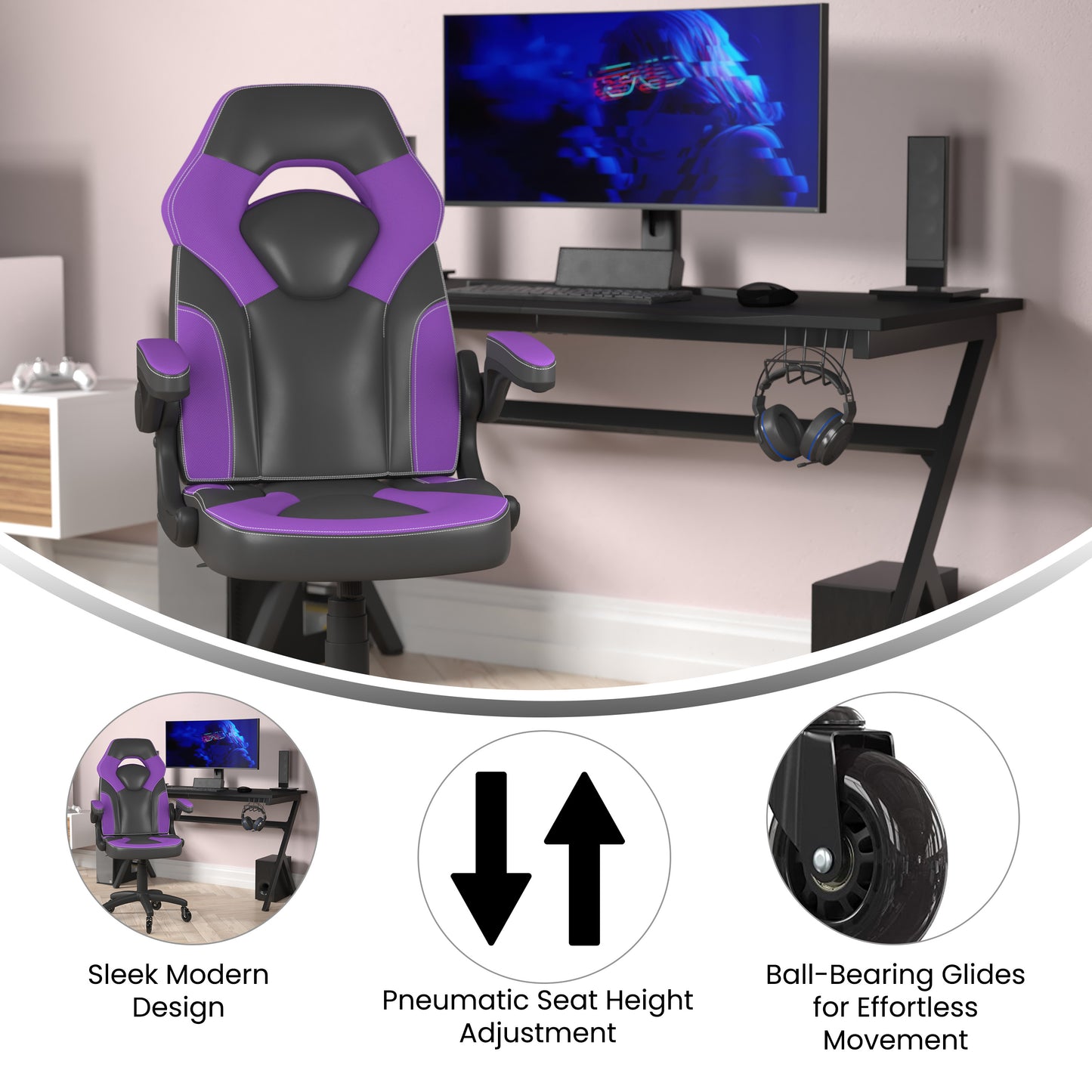 X10 Gaming Chair Racing Office Computer PC Adjustable Chair with Flip-up Arms and Transparent Roller Wheels, Purple/Black LeatherSoft Purple