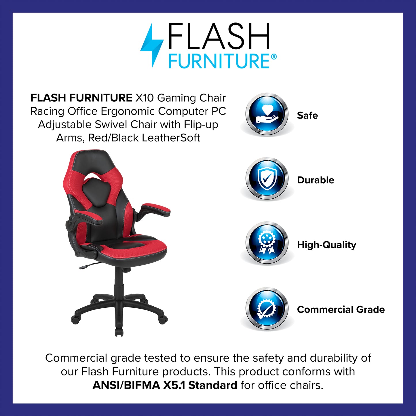 X10 Gaming Chair, Racing Style Ergonomic Office Chair, Height Adjustable Swivel Computer Chair with Flip-Up Arms, Red/Black LeatherSoft Red