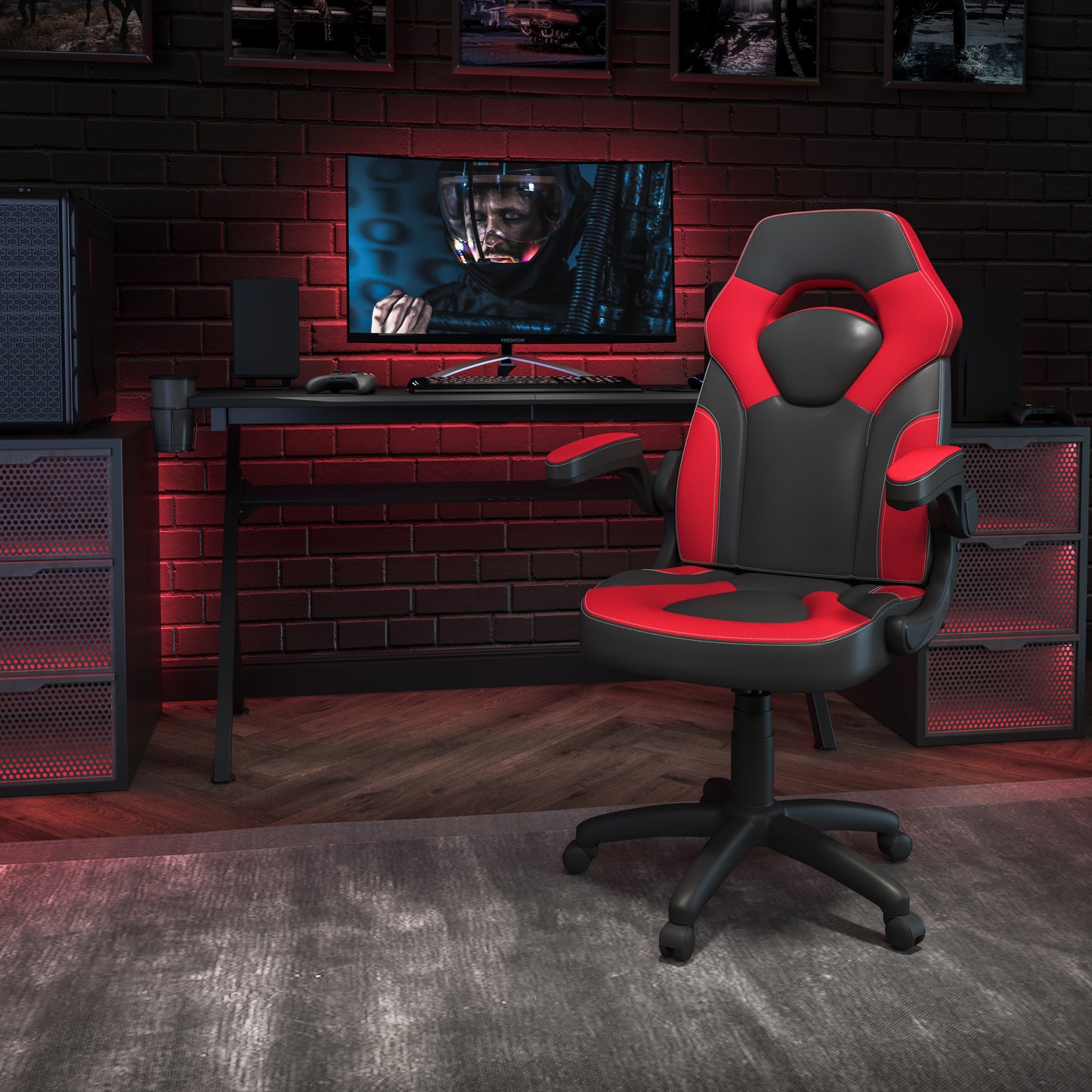 X10 Gaming Chair, Racing Style Ergonomic Office Chair, Height Adjustable Swivel Computer Chair with Flip-Up Arms, Red/Black LeatherSoft Red