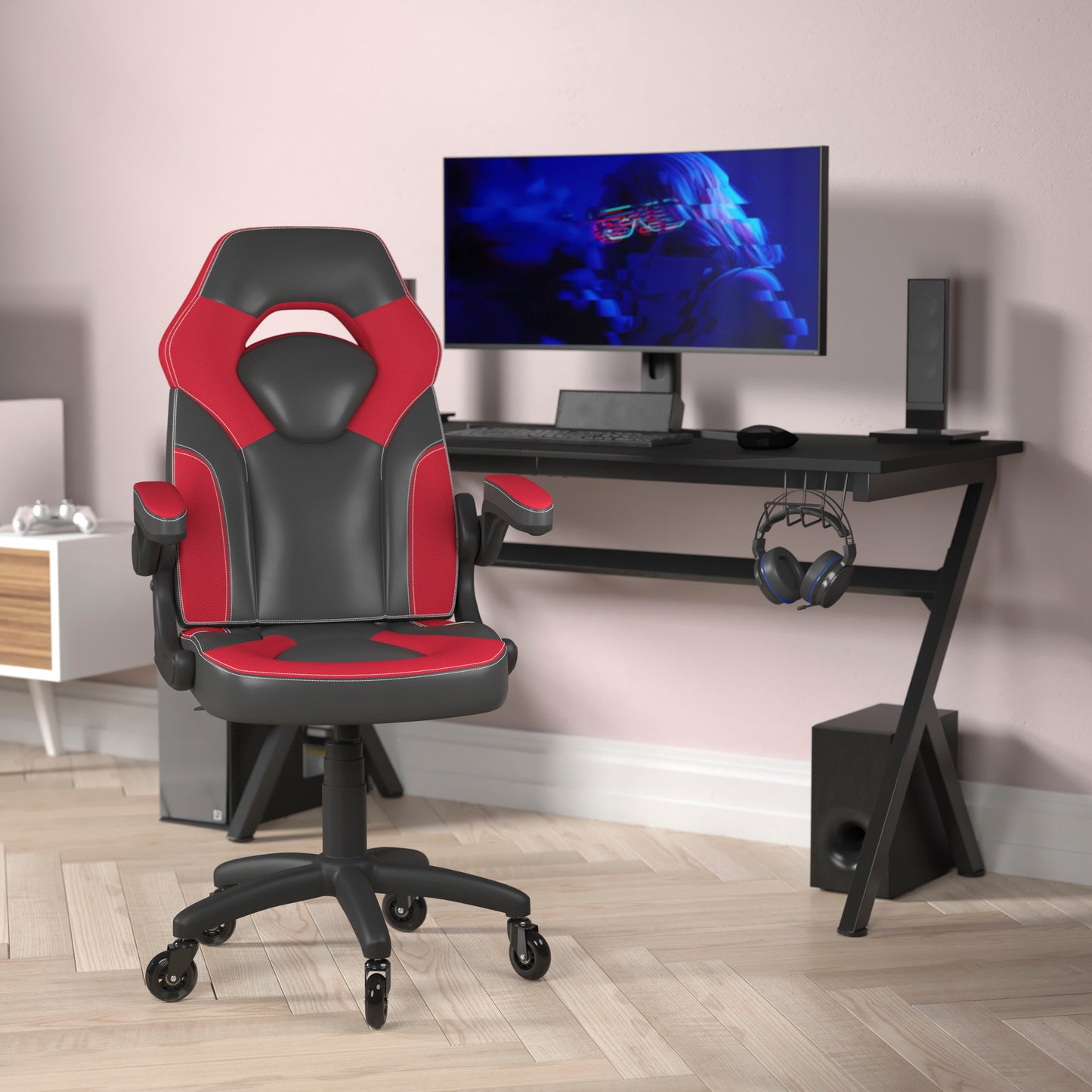 X10 Gaming Chair Racing Office Computer PC Adjustable Chair with Flip-up Arms and Transparent Roller Wheels, Red/Black LeatherSoft Red