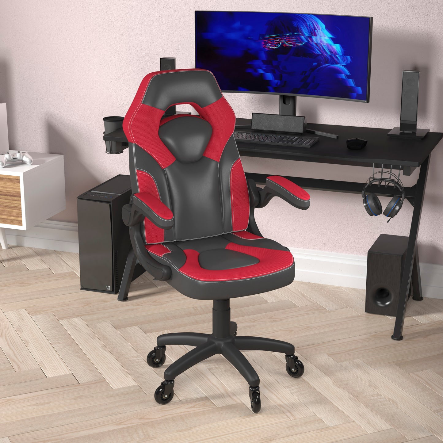 X10 Gaming Chair Racing Office Computer PC Adjustable Chair with Flip-up Arms and Transparent Roller Wheels, Red/Black LeatherSoft Red