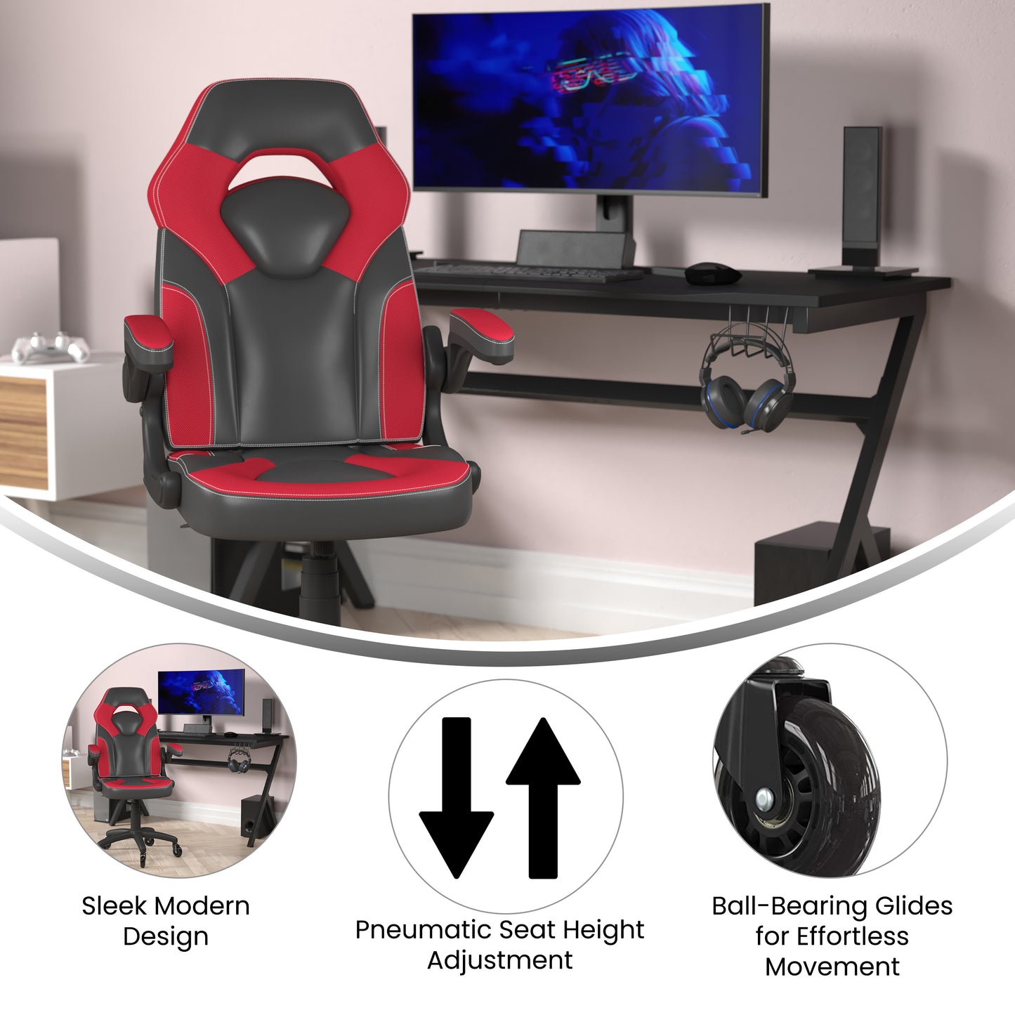 X10 Gaming Chair Racing Office Computer PC Adjustable Chair with Flip-up Arms and Transparent Roller Wheels, Red/Black LeatherSoft Red