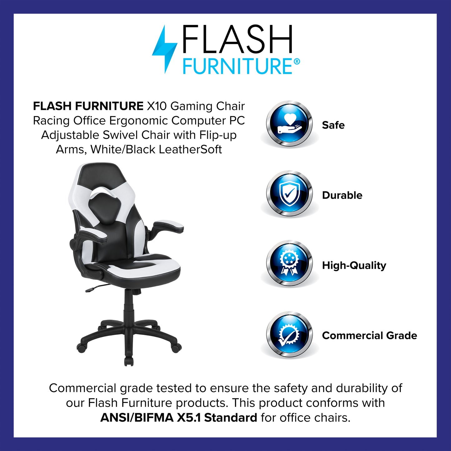 X10 Gaming Chair, Racing Style Ergonomic Office Chair, Height Adjustable Swivel Computer Chair with Flip-Up Arms, White/Black LeatherSoft White