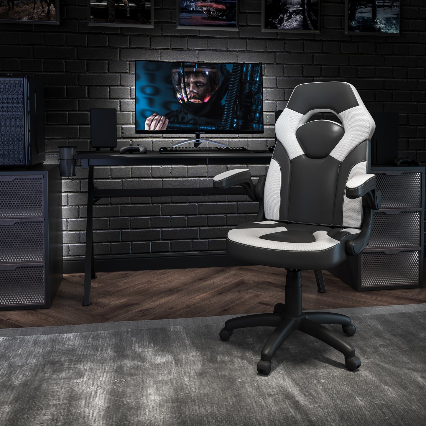 X10 Gaming Chair, Racing Style Ergonomic Office Chair, Height Adjustable Swivel Computer Chair with Flip-Up Arms, White/Black LeatherSoft White