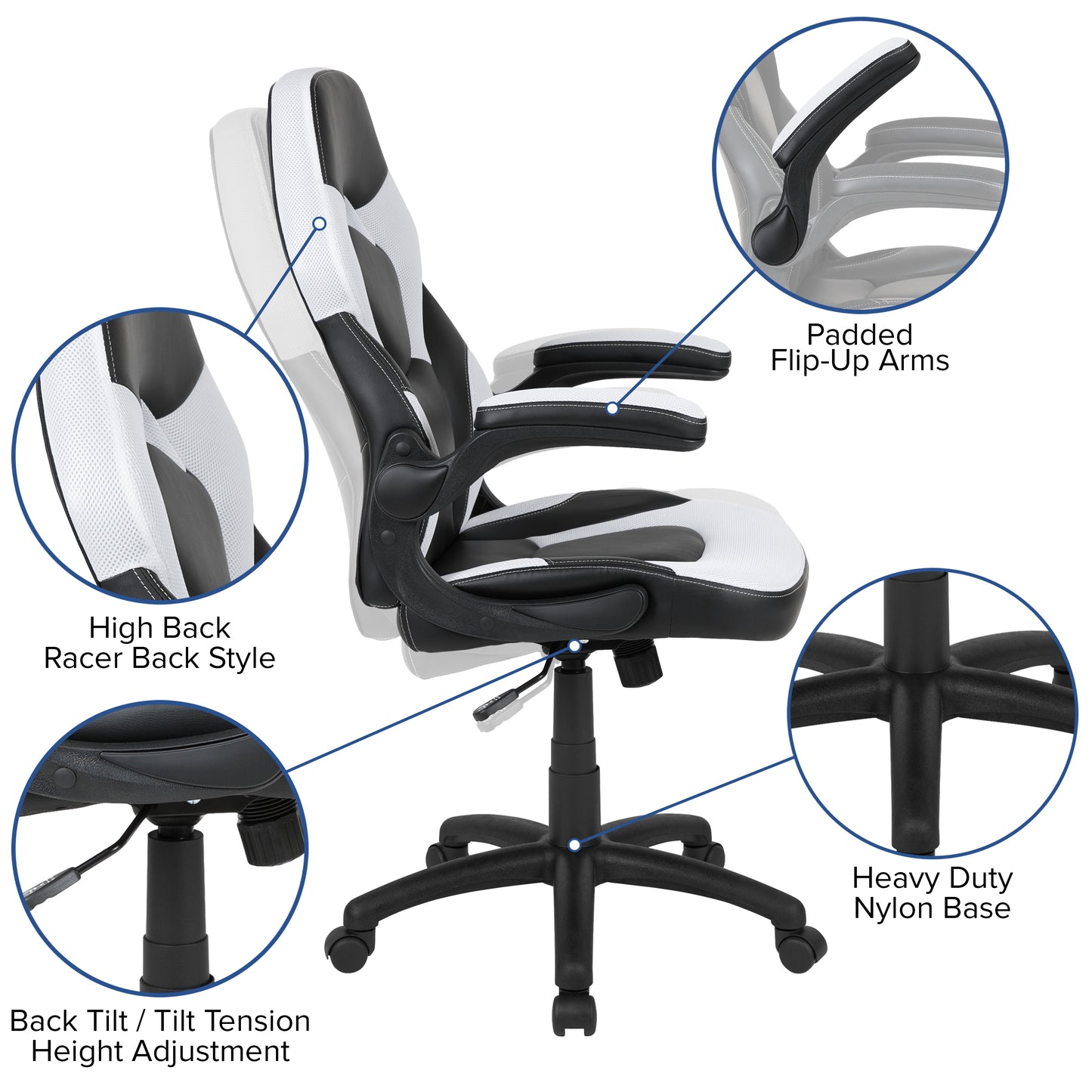 X10 Gaming Chair, Racing Style Ergonomic Office Chair, Height Adjustable Swivel Computer Chair with Flip-Up Arms, White/Black LeatherSoft White