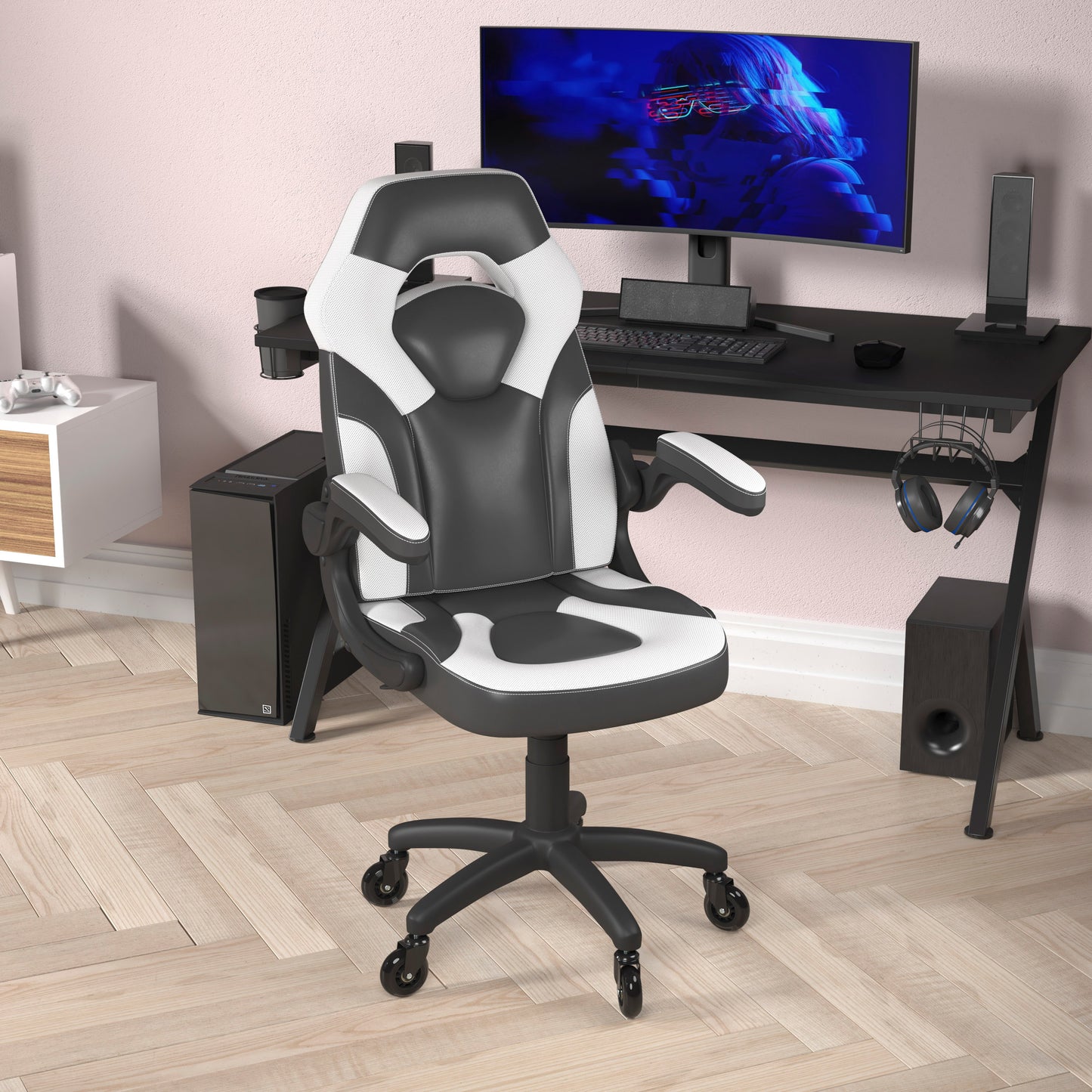 X10 Gaming Chair Racing Office Computer PC Adjustable Chair with Flip-up Arms and Transparent Roller Wheels, White/Black LeatherSoft White