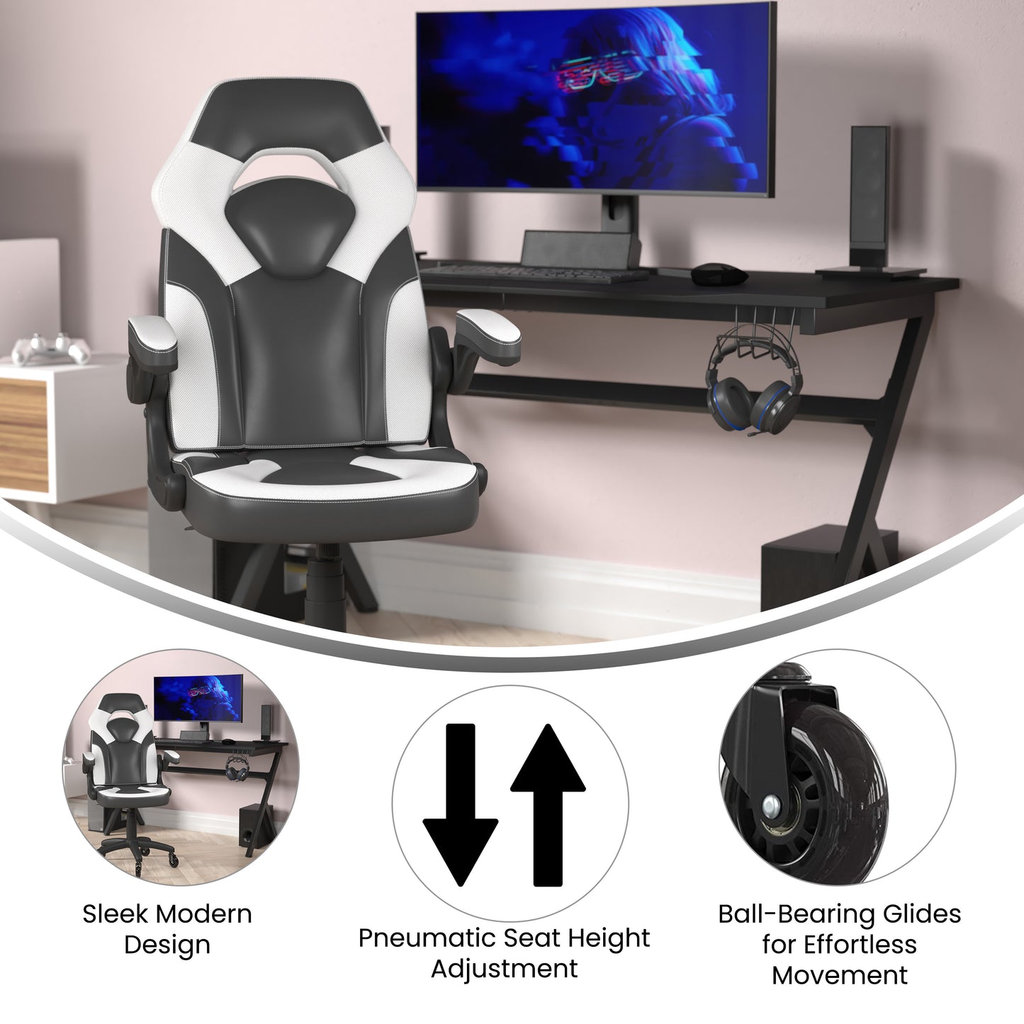 X10 Gaming Chair Racing Office Computer PC Adjustable Chair with Flip-up Arms and Transparent Roller Wheels, White/Black LeatherSoft White
