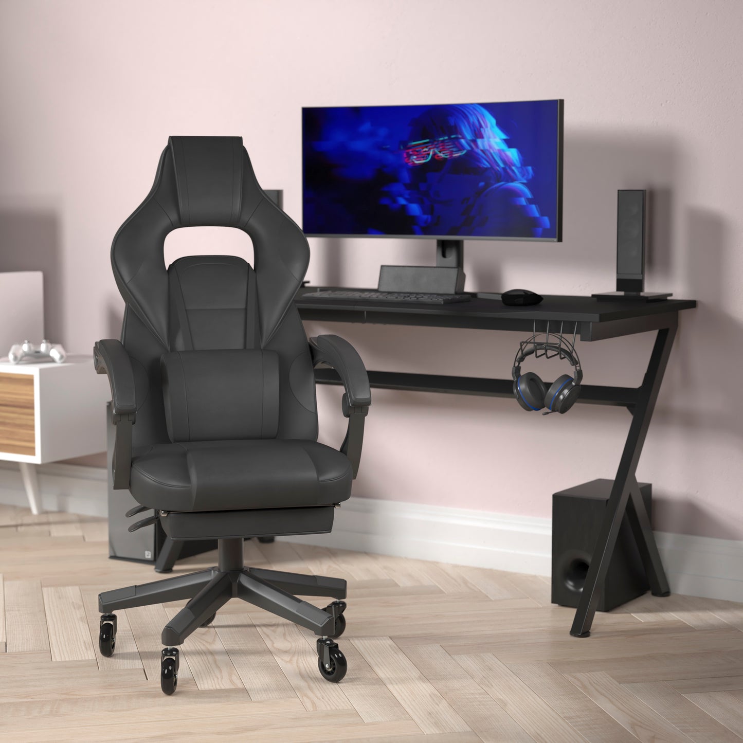 X40 Gaming Chair Racing Computer Chair with Fully Reclining Back/Arms and Transparent Roller Wheels, Slide-Out Footrest, - Black Black