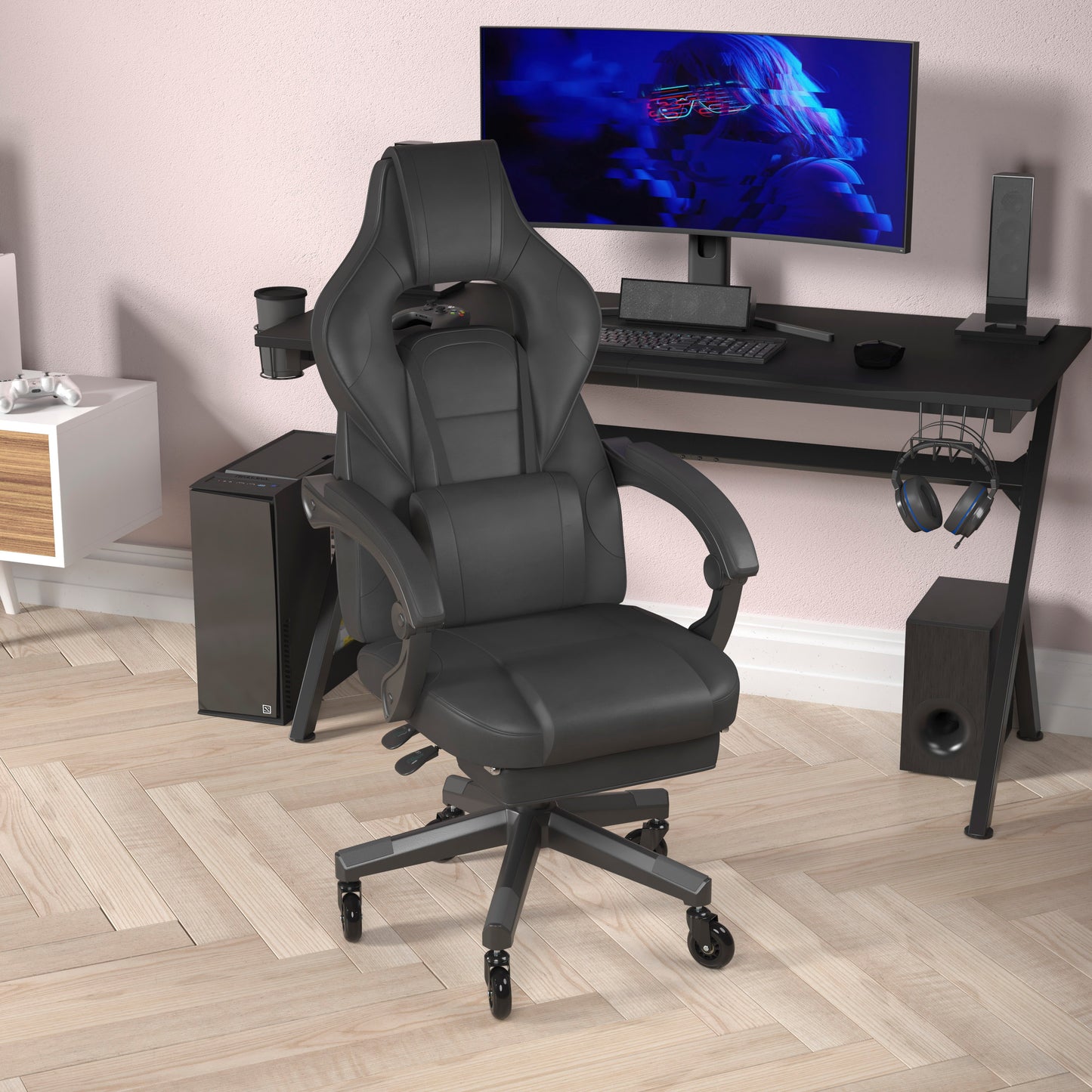X40 Gaming Chair Racing Computer Chair with Fully Reclining Back/Arms and Transparent Roller Wheels, Slide-Out Footrest, - Black Black
