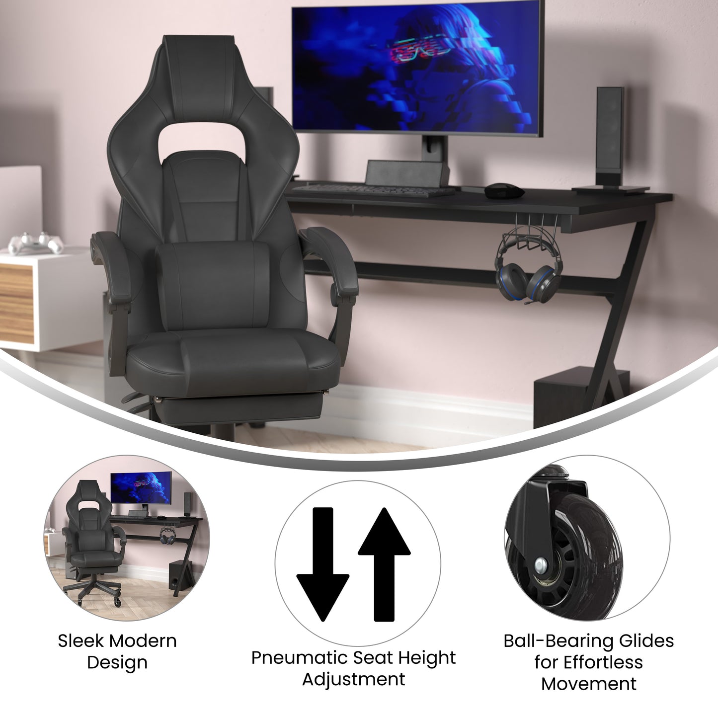 X40 Gaming Chair Racing Computer Chair with Fully Reclining Back/Arms and Transparent Roller Wheels, Slide-Out Footrest, - Black Black