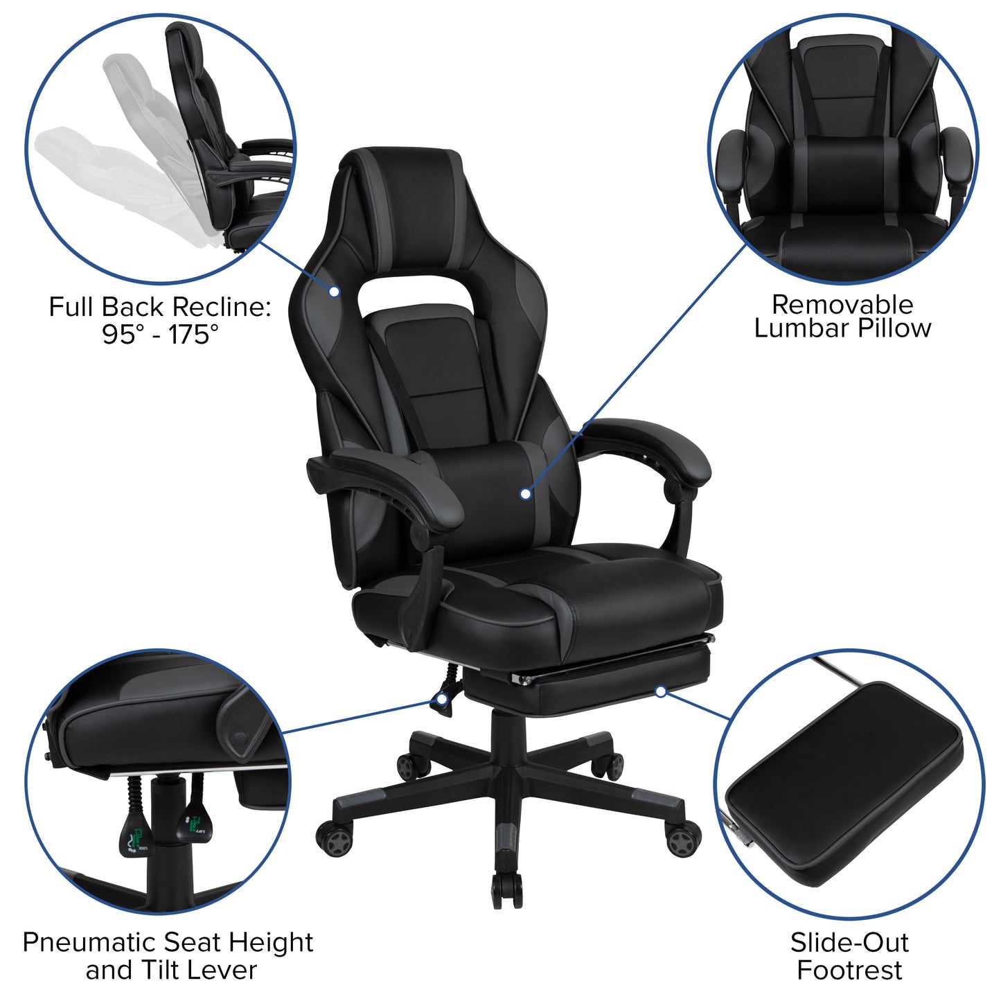 X40 Gaming Chair Racing Ergonomic Computer Chair with Fully Reclining Back/Arms, Slide-Out Footrest, Massaging Lumbar - Black/Gray Black with Gray Trim