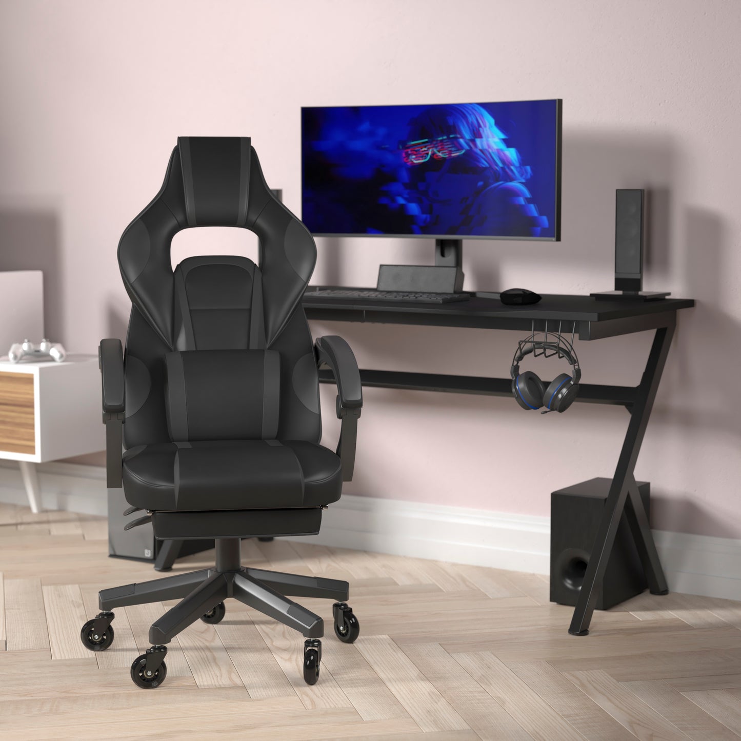 X40 Gaming Chair Racing Computer Chair with Fully Reclining Back/Arms and Transparent Roller Wheels, Slide-Out Footrest, - Black/Gray Black with Gray Trim
