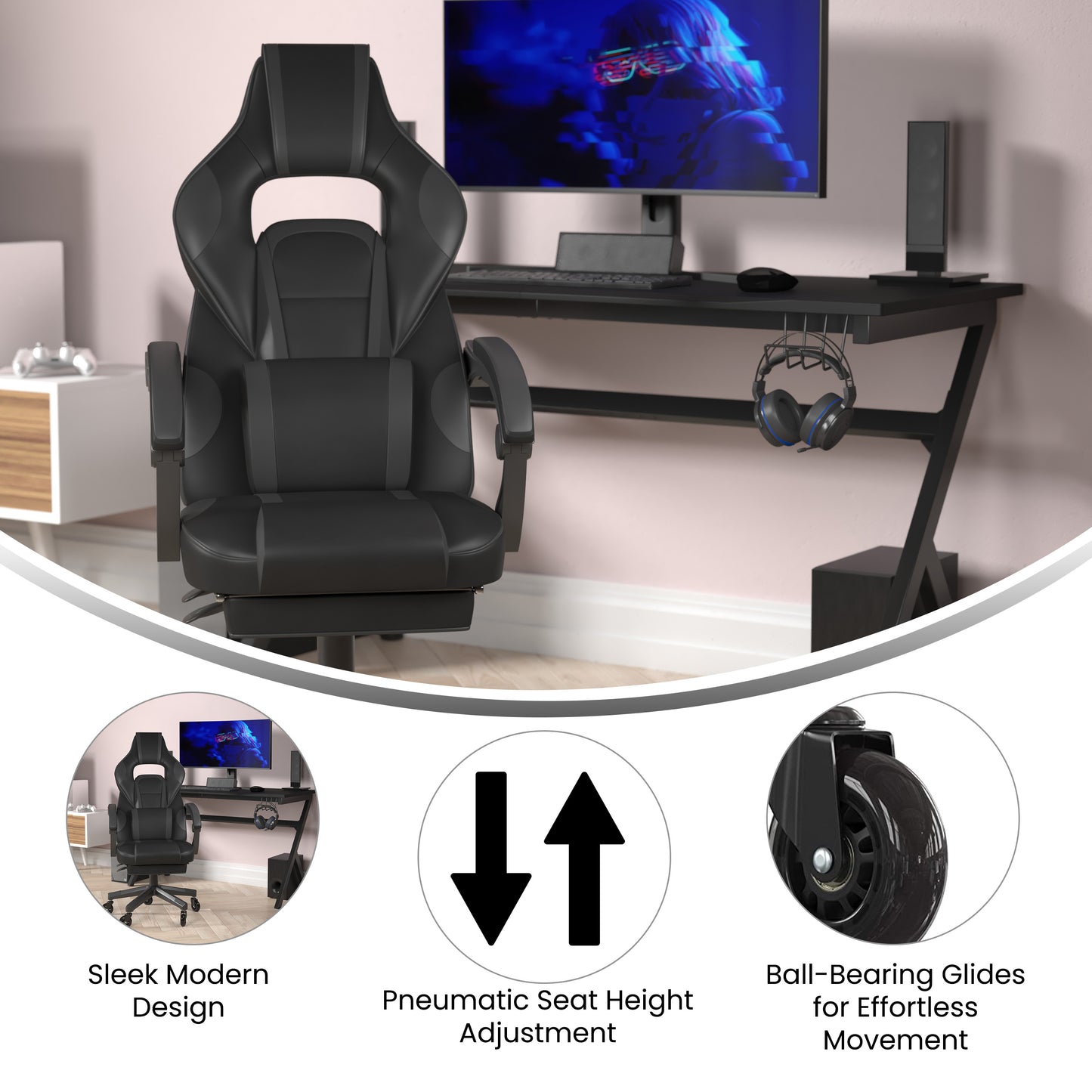 X40 Gaming Chair Racing Computer Chair with Fully Reclining Back/Arms and Transparent Roller Wheels, Slide-Out Footrest, - Black/Gray Black with Gray Trim