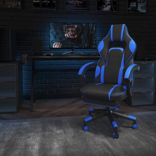 X40 Gaming Chair Racing Ergonomic Computer Chair with Fully Reclining Back/Arms, Slide-Out Footrest, Massaging Lumbar - Black/Blue Black with Blue Trim CH-00288-BL-GG