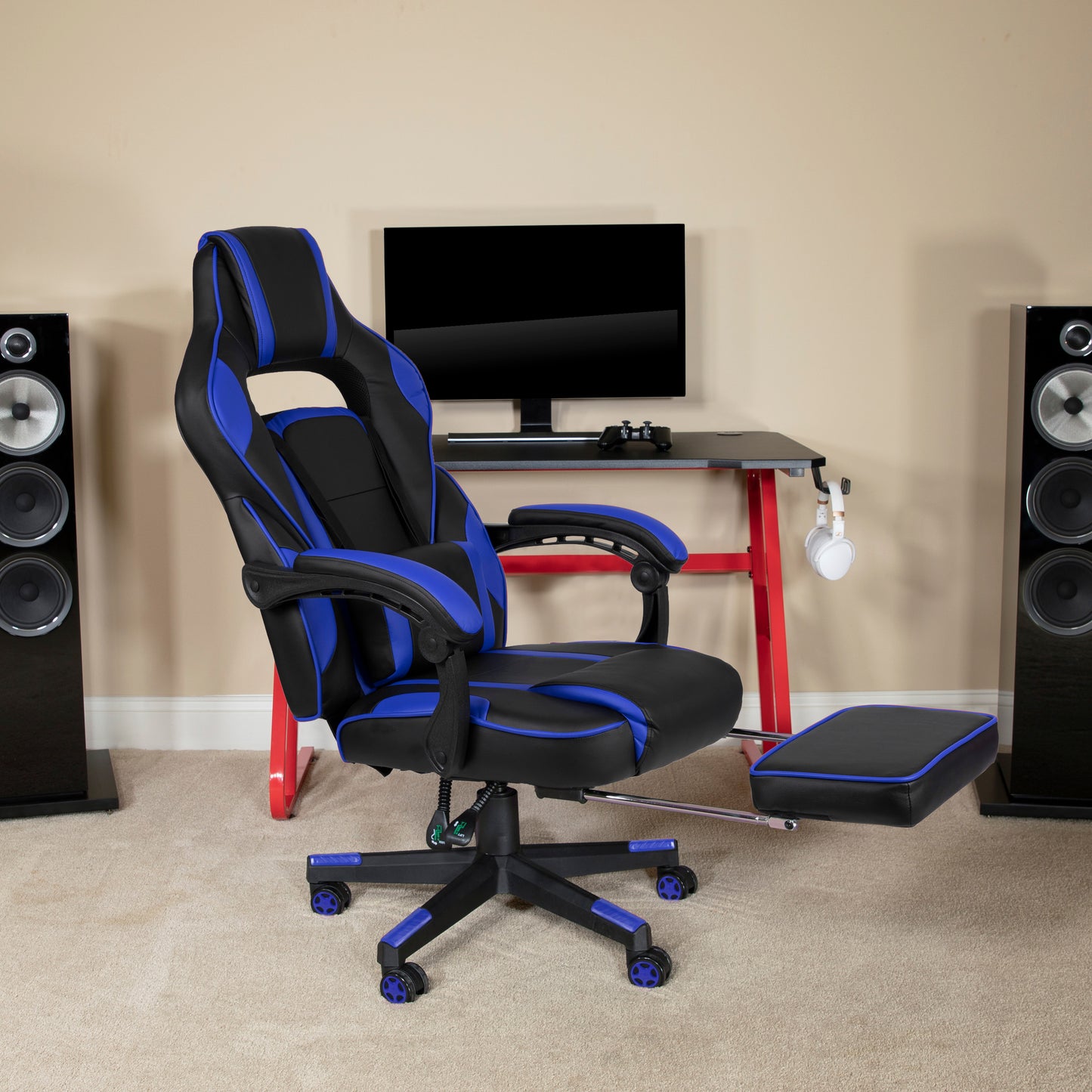 X40 Gaming Chair Racing Ergonomic Computer Chair with Fully Reclining Back/Arms, Slide-Out Footrest, Massaging Lumbar - Black/Blue Black with Blue Trim