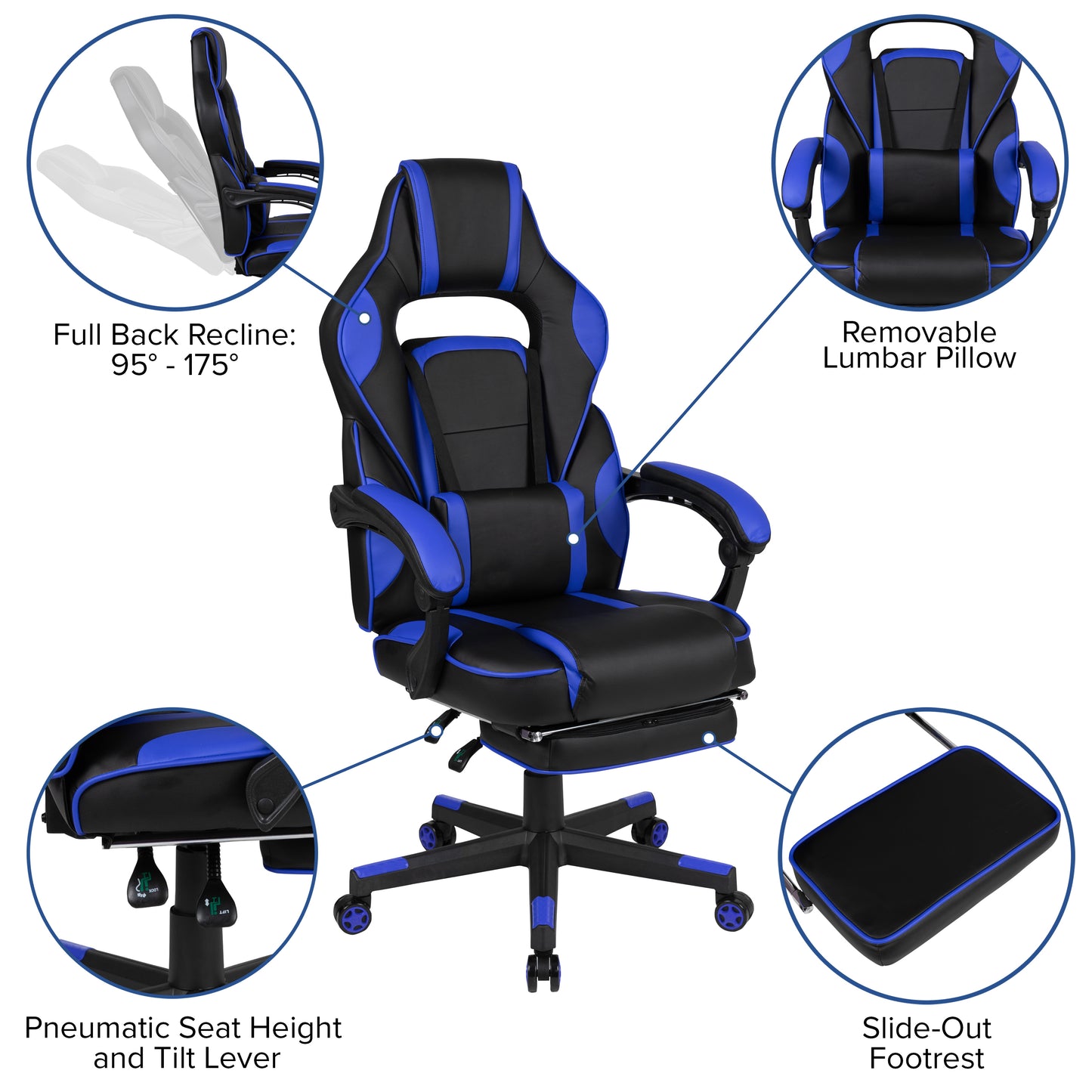 X40 Gaming Chair Racing Ergonomic Computer Chair with Fully Reclining Back/Arms, Slide-Out Footrest, Massaging Lumbar - Black/Blue Black with Blue Trim
