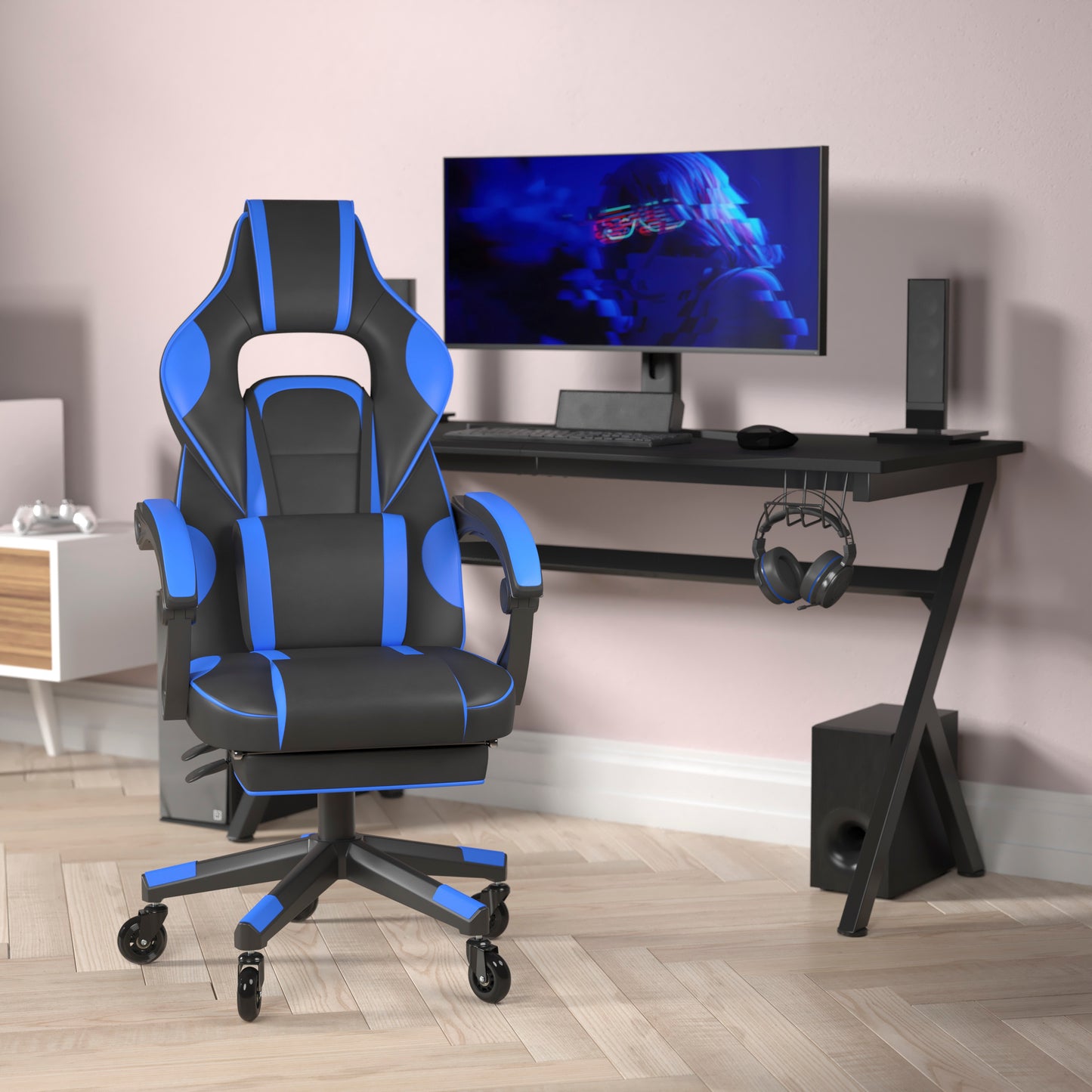 X40 Gaming Chair Racing Computer Chair with Fully Reclining Back/Arms and Transparent Roller Wheels, Slide-Out Footrest, - Black/Blue Black with Blue Trim