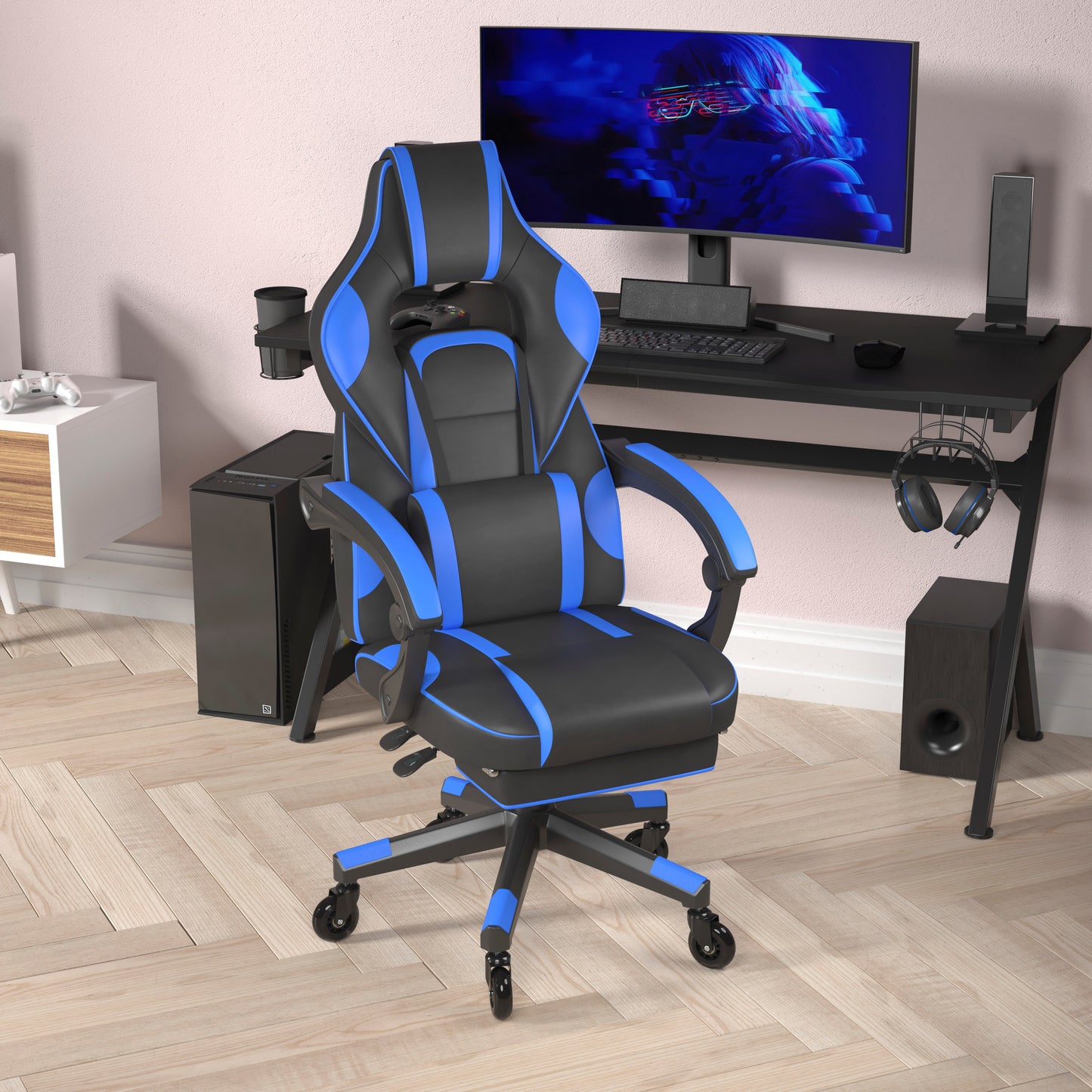 X40 Gaming Chair Racing Computer Chair with Fully Reclining Back/Arms and Transparent Roller Wheels, Slide-Out Footrest, - Black/Blue Black with Blue Trim