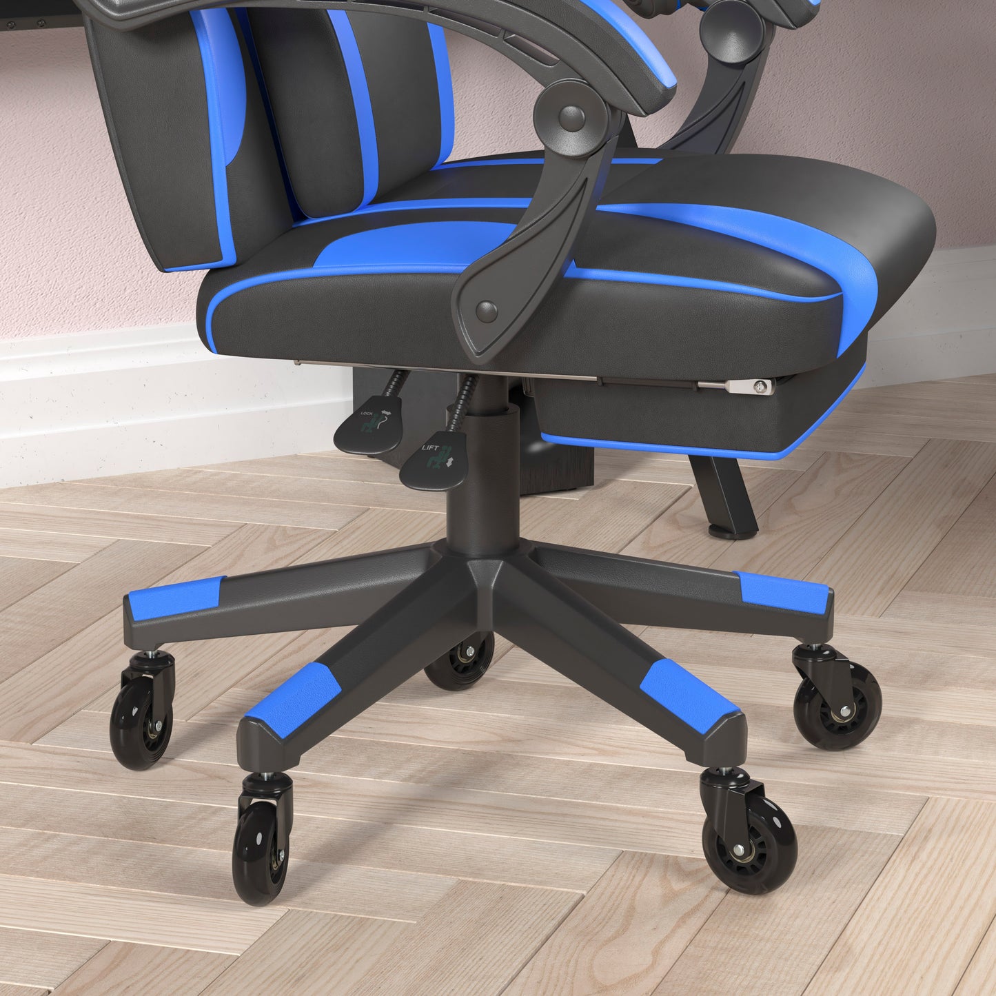 X40 Gaming Chair Racing Computer Chair with Fully Reclining Back/Arms and Transparent Roller Wheels, Slide-Out Footrest, - Black/Blue Black with Blue Trim