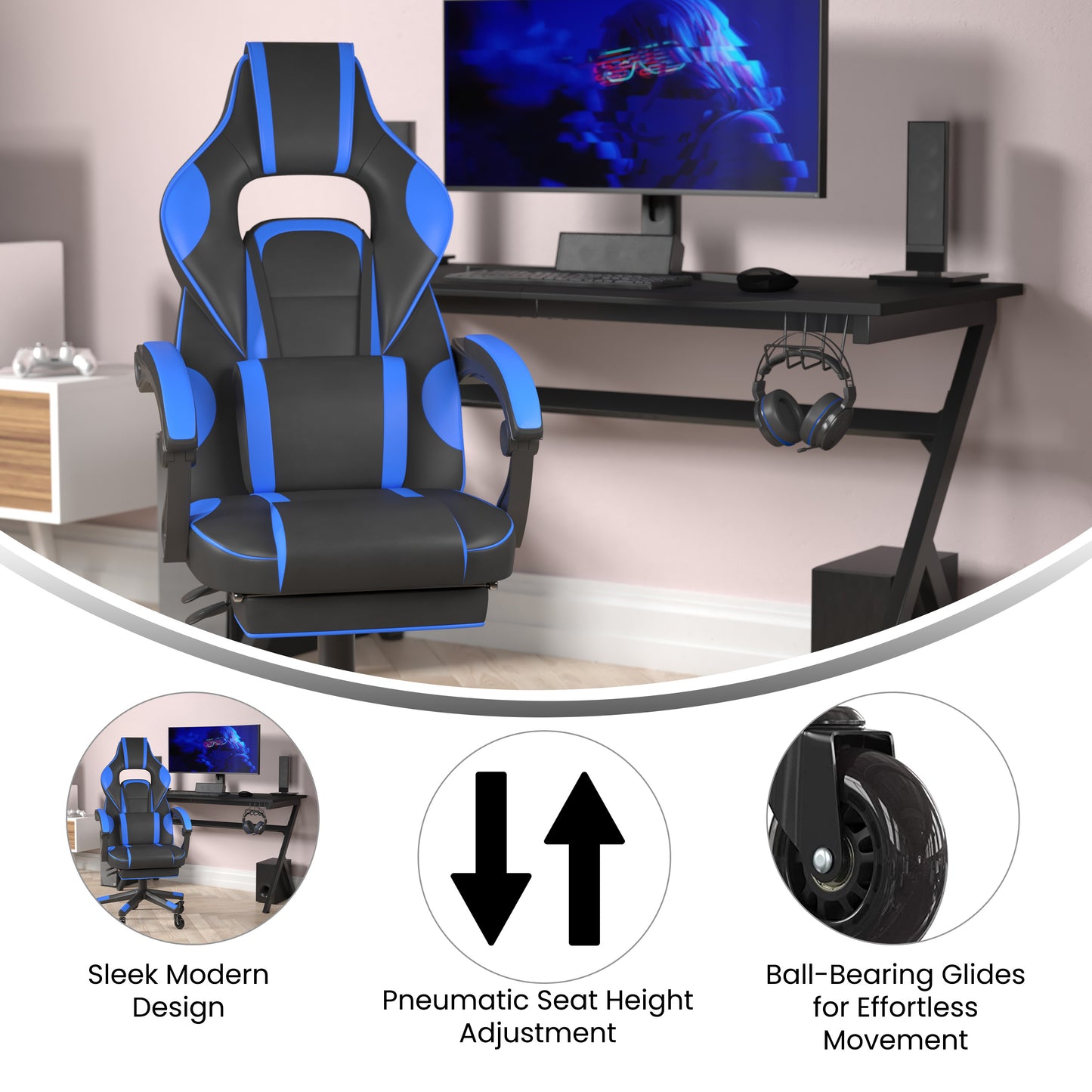 X40 Gaming Chair Racing Computer Chair with Fully Reclining Back/Arms and Transparent Roller Wheels, Slide-Out Footrest, - Black/Blue Black with Blue Trim