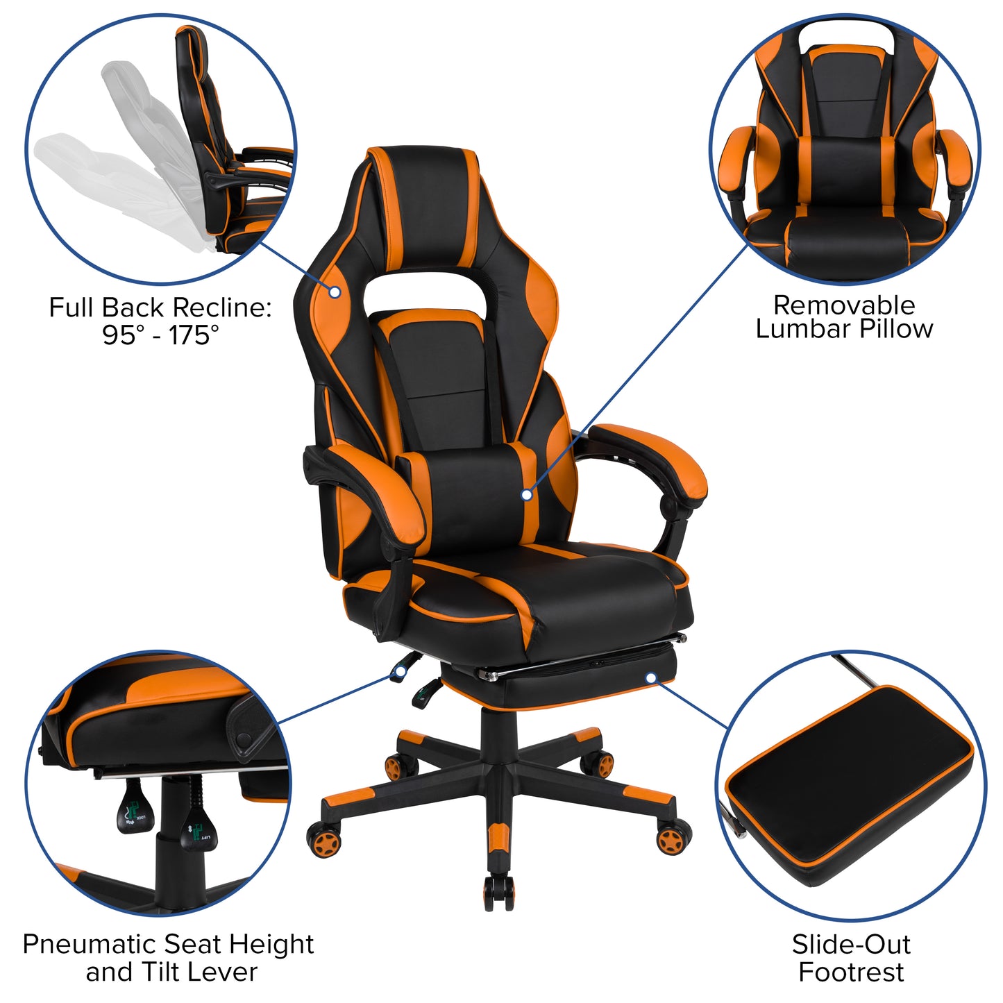 X40 Gaming Chair Racing Ergonomic Computer Chair with Fully Reclining Back/Arms, Slide-Out Footrest, Massaging Lumbar - Black/Orange Black with Orange Trim