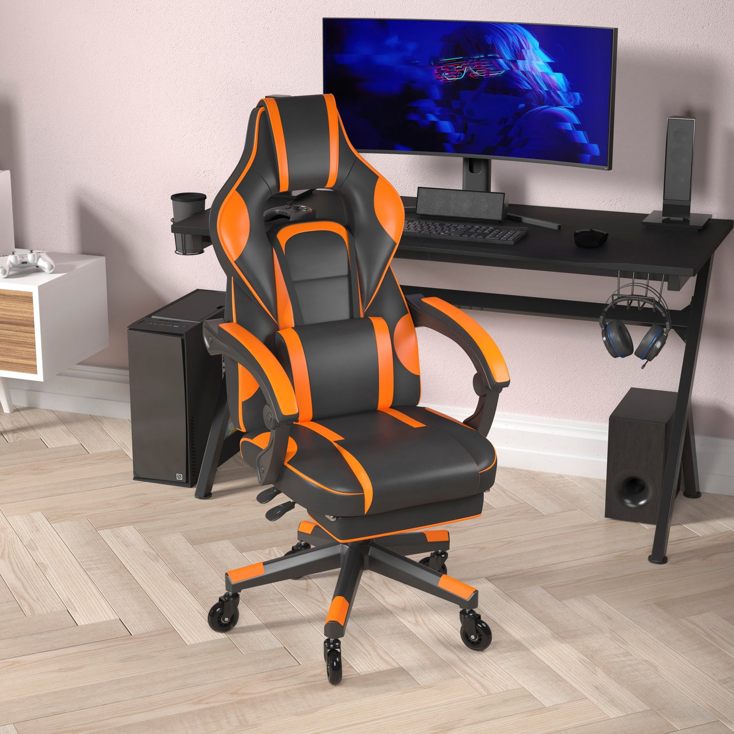 X40 Gaming Chair Racing Computer Chair with Fully Reclining Back/Arms and Transparent Roller Wheels, Slide-Out Footrest, - Black/Orange Black with Orange Trim