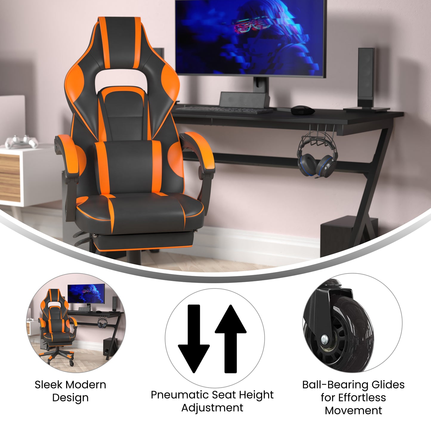 X40 Gaming Chair Racing Computer Chair with Fully Reclining Back/Arms and Transparent Roller Wheels, Slide-Out Footrest, - Black/Orange Black with Orange Trim