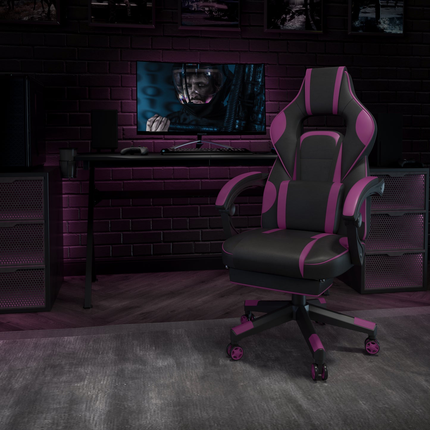 X40 Gaming Chair Racing Ergonomic Computer Chair with Fully Reclining Back/Arms, Slide-Out Footrest, Massaging Lumbar - Black/Purple Black with Purple Trim