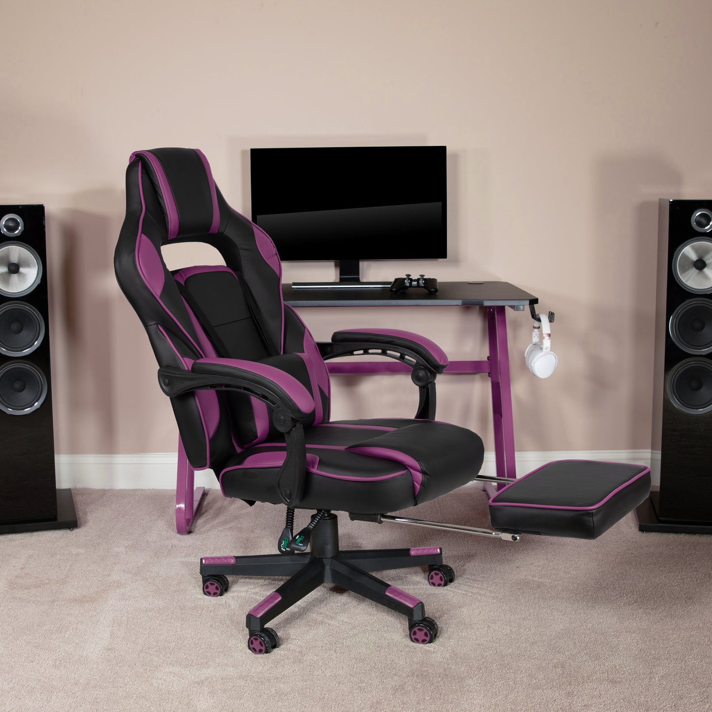 X40 Gaming Chair Racing Ergonomic Computer Chair with Fully Reclining Back/Arms, Slide-Out Footrest, Massaging Lumbar - Black/Purple Black with Purple Trim