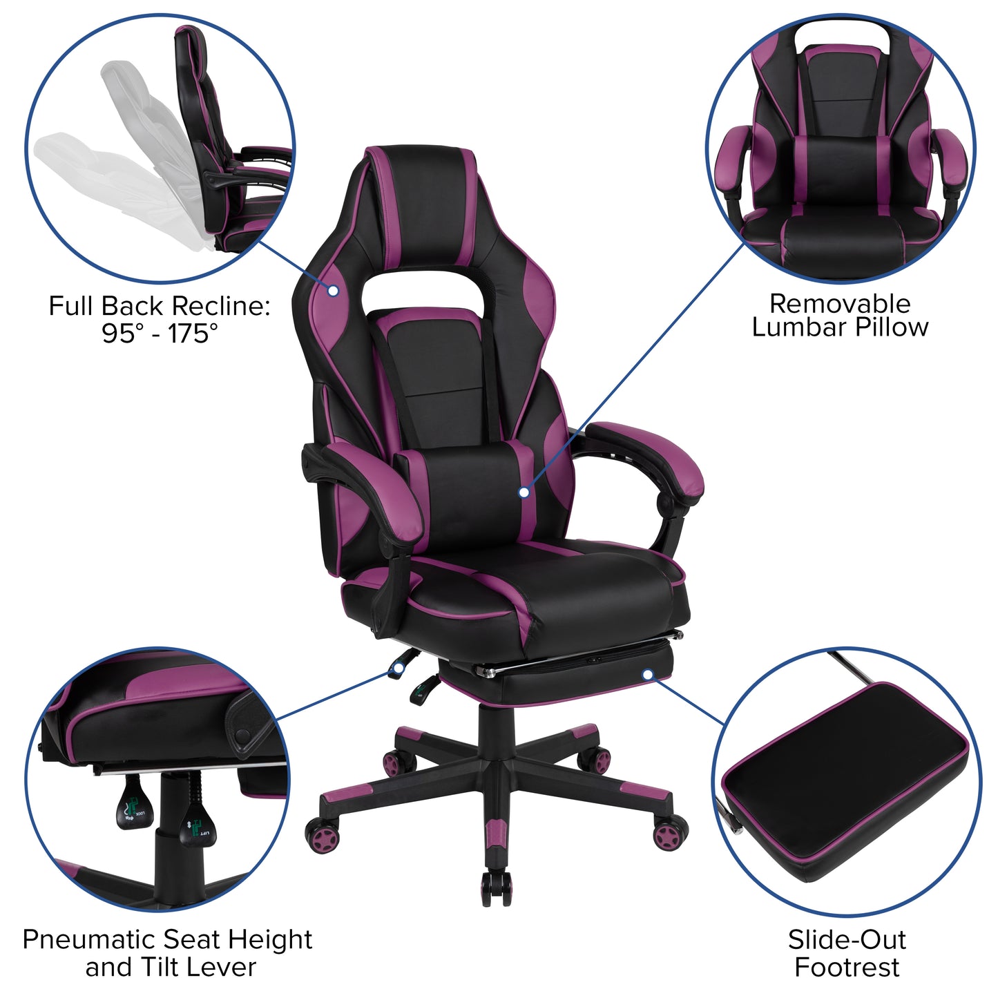 X40 Gaming Chair Racing Ergonomic Computer Chair with Fully Reclining Back/Arms, Slide-Out Footrest, Massaging Lumbar - Black/Purple Black with Purple Trim