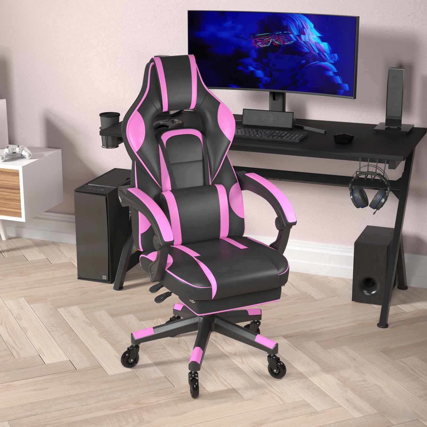 X40 Gaming Chair Racing Computer Chair with Fully Reclining Back/Arms and Transparent Roller Wheels, Slide-Out Footrest, - Black/Purple Black with Purple Trim