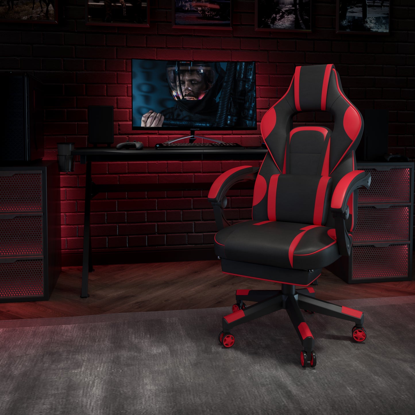 X40 Gaming Chair Racing Ergonomic Computer Chair with Fully Reclining Back/Arms, Slide-Out Footrest, Massaging Lumbar - Red Black with Red Trim