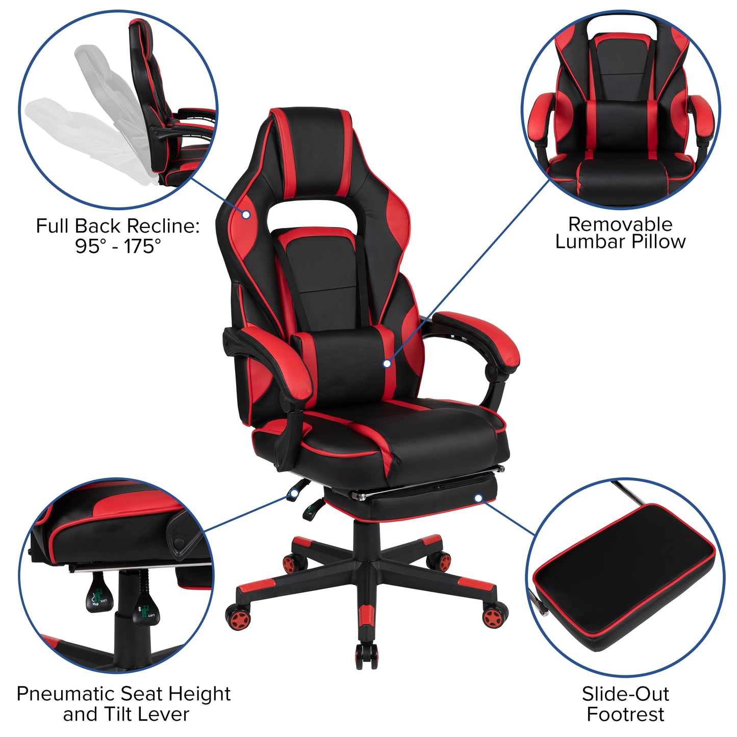 X40 Gaming Chair Racing Ergonomic Computer Chair with Fully Reclining Back/Arms, Slide-Out Footrest, Massaging Lumbar - Red Black with Red Trim