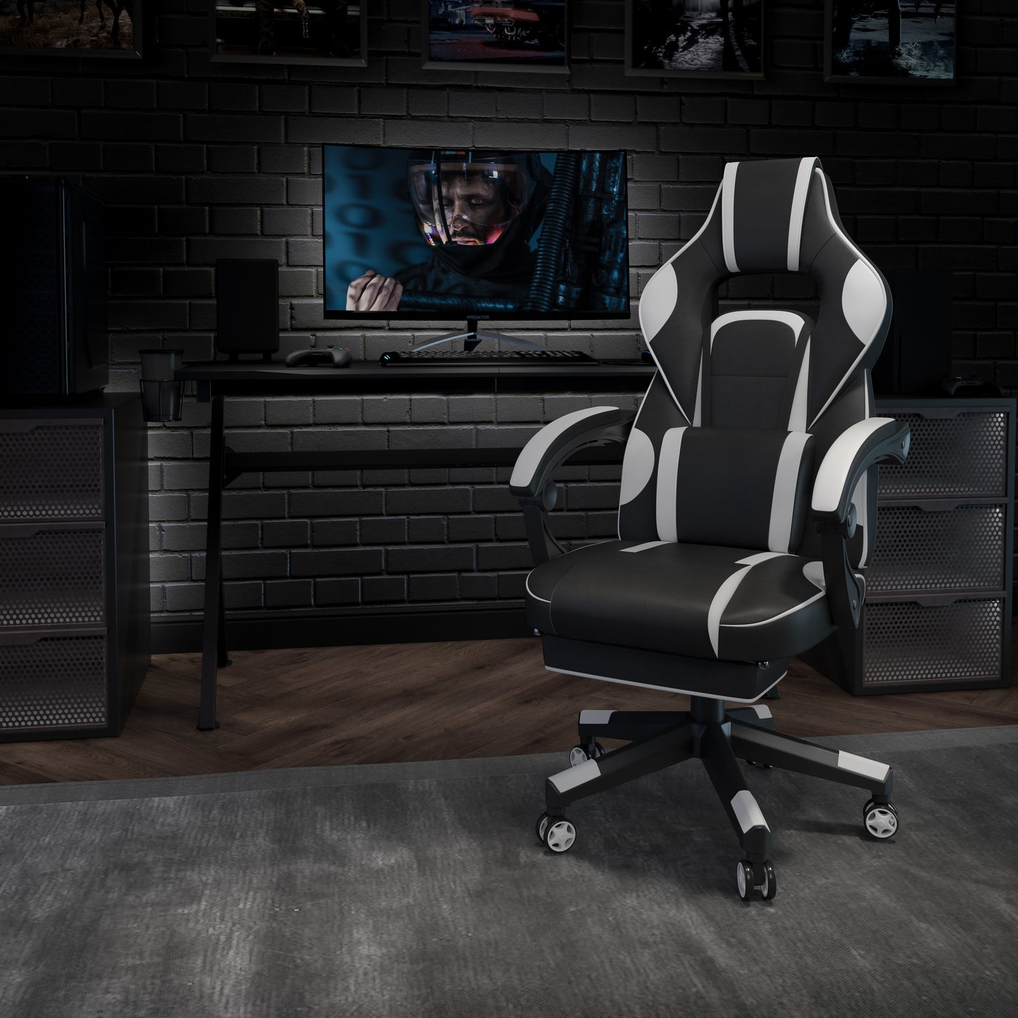 X40 Gaming Chair Racing Ergonomic Computer Chair with Fully Reclining Back/Arms, Slide-Out Footrest, Massaging Lumbar - White Black with White Trim