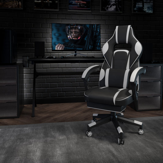 X40 Gaming Chair Racing Ergonomic Computer Chair with Fully Reclining Back/Arms, Slide-Out Footrest, Massaging Lumbar - White Black with White Trim CH-00288-WH-GG