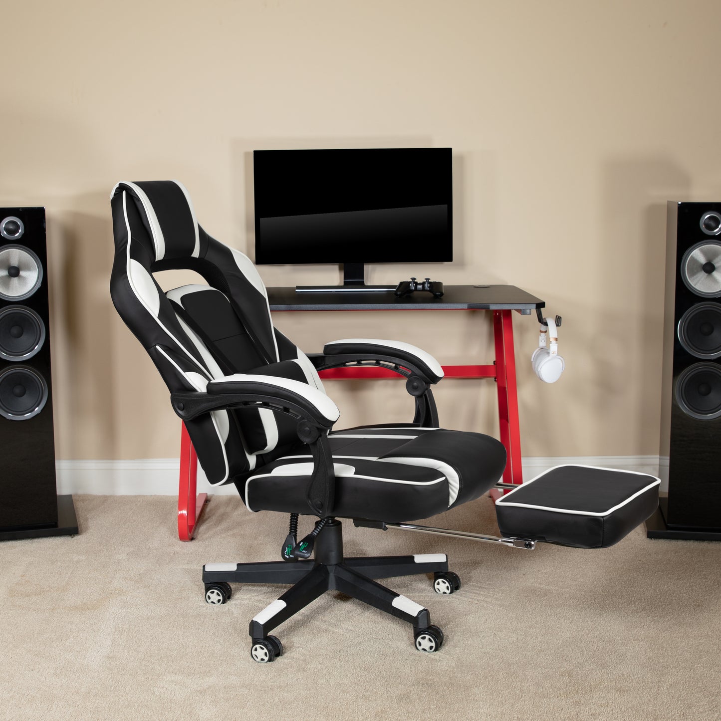 X40 Gaming Chair Racing Ergonomic Computer Chair with Fully Reclining Back/Arms, Slide-Out Footrest, Massaging Lumbar - White Black with White Trim