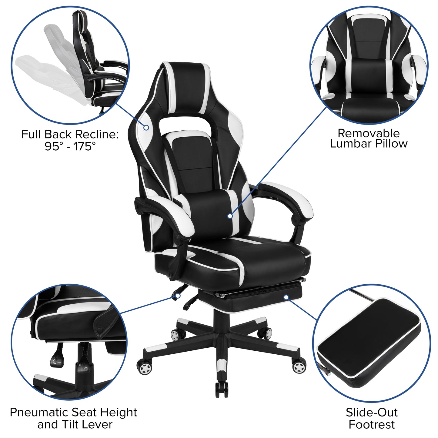 X40 Gaming Chair Racing Ergonomic Computer Chair with Fully Reclining Back/Arms, Slide-Out Footrest, Massaging Lumbar - White Black with White Trim