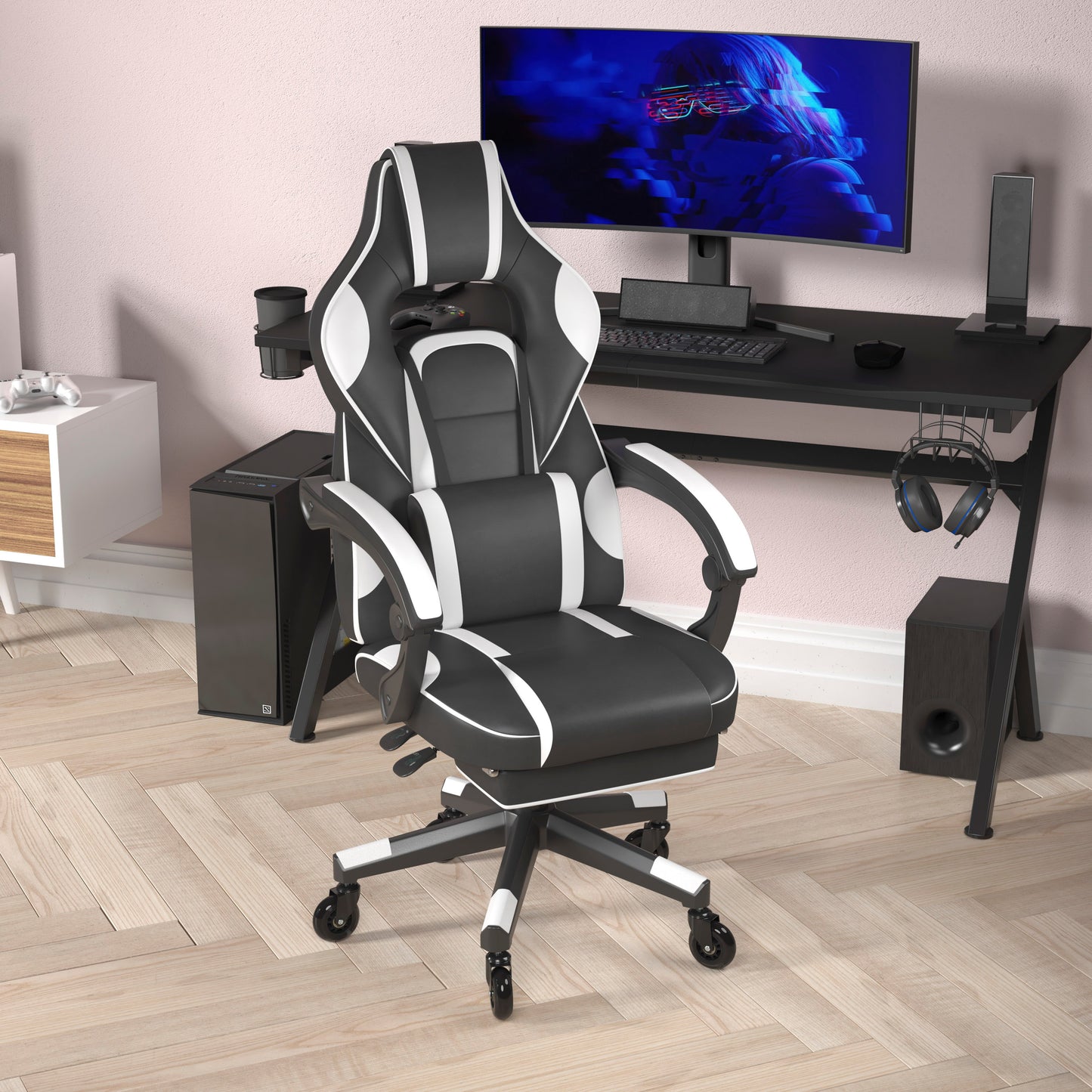 X40 Gaming Chair Racing Computer Chair with Fully Reclining Back/Arms and Transparent Roller Wheels, Slide-Out Footrest, - White Black with White Trim