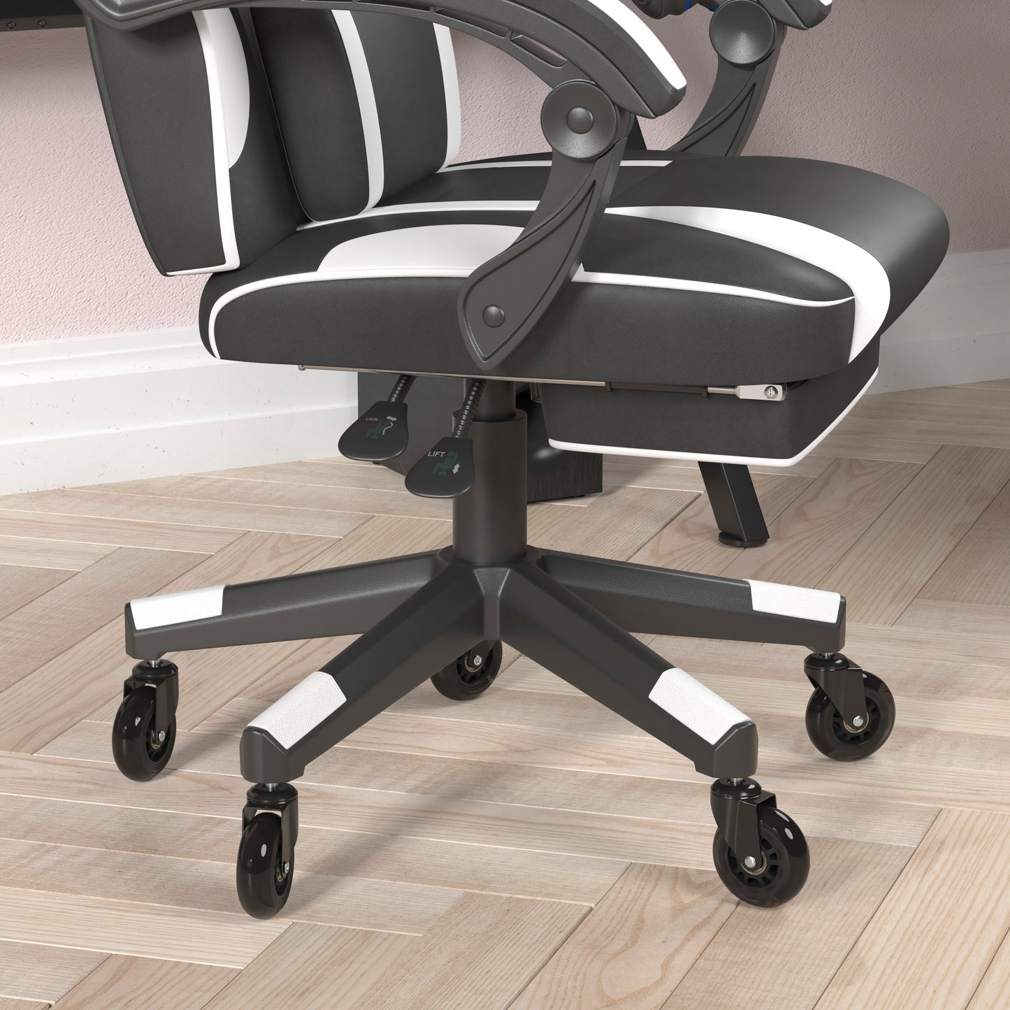 X40 Gaming Chair Racing Computer Chair with Fully Reclining Back/Arms and Transparent Roller Wheels, Slide-Out Footrest, - White Black with White Trim
